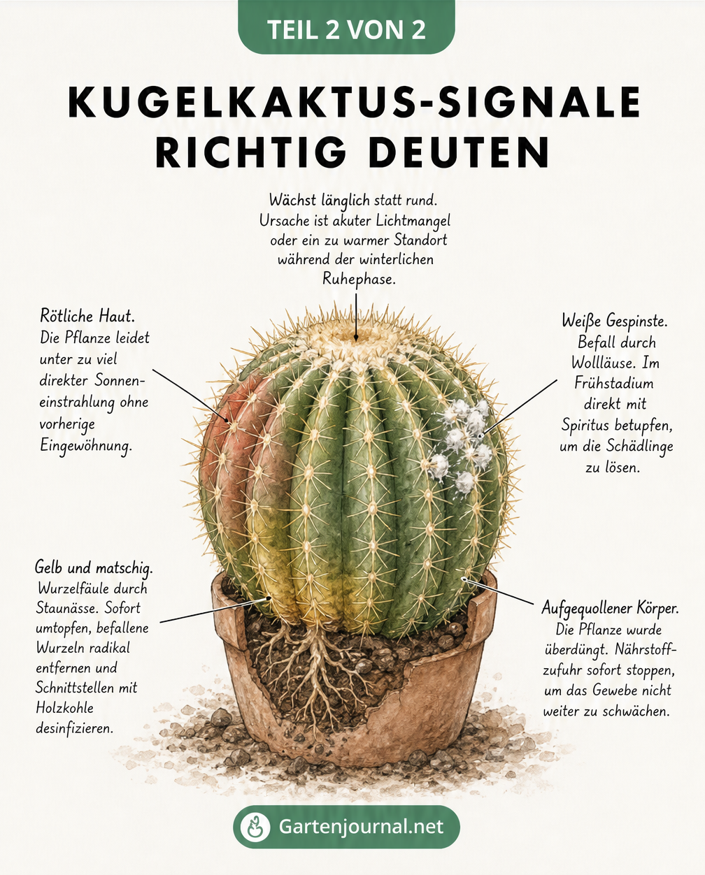 Illustration eines Kugelkaktus mit typischen Schadbildern wie Wollläusen, Wurzelfäule und Lichtmangel
