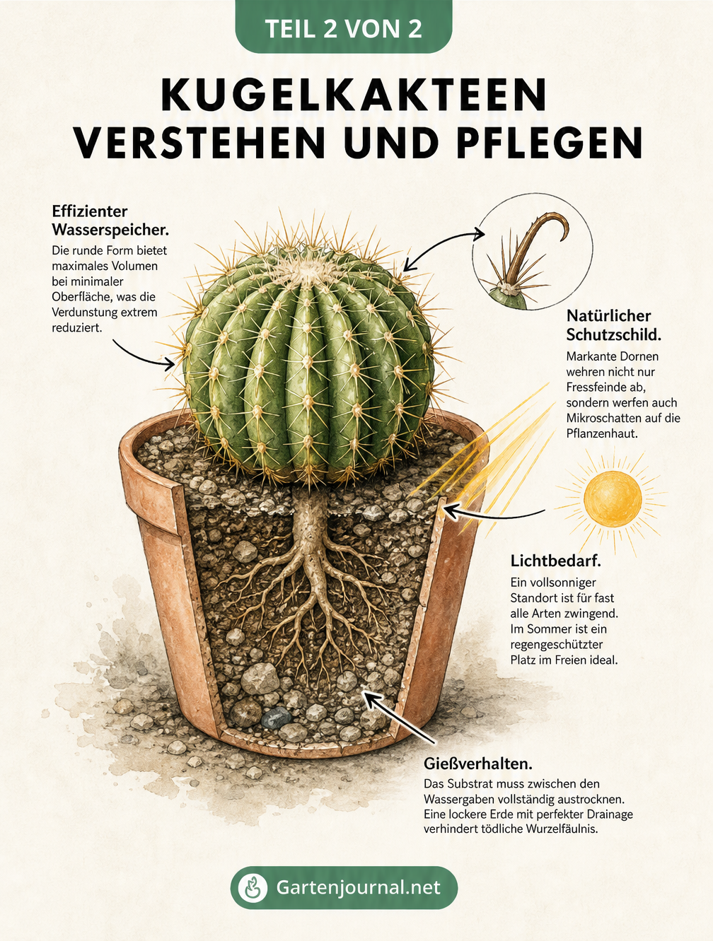 Querschnitt eines Kugelkaktus im Terrakotta-Topf, der Wasserspeicher, Dornen, Lichtbedarf und Gießverhalten erklärt