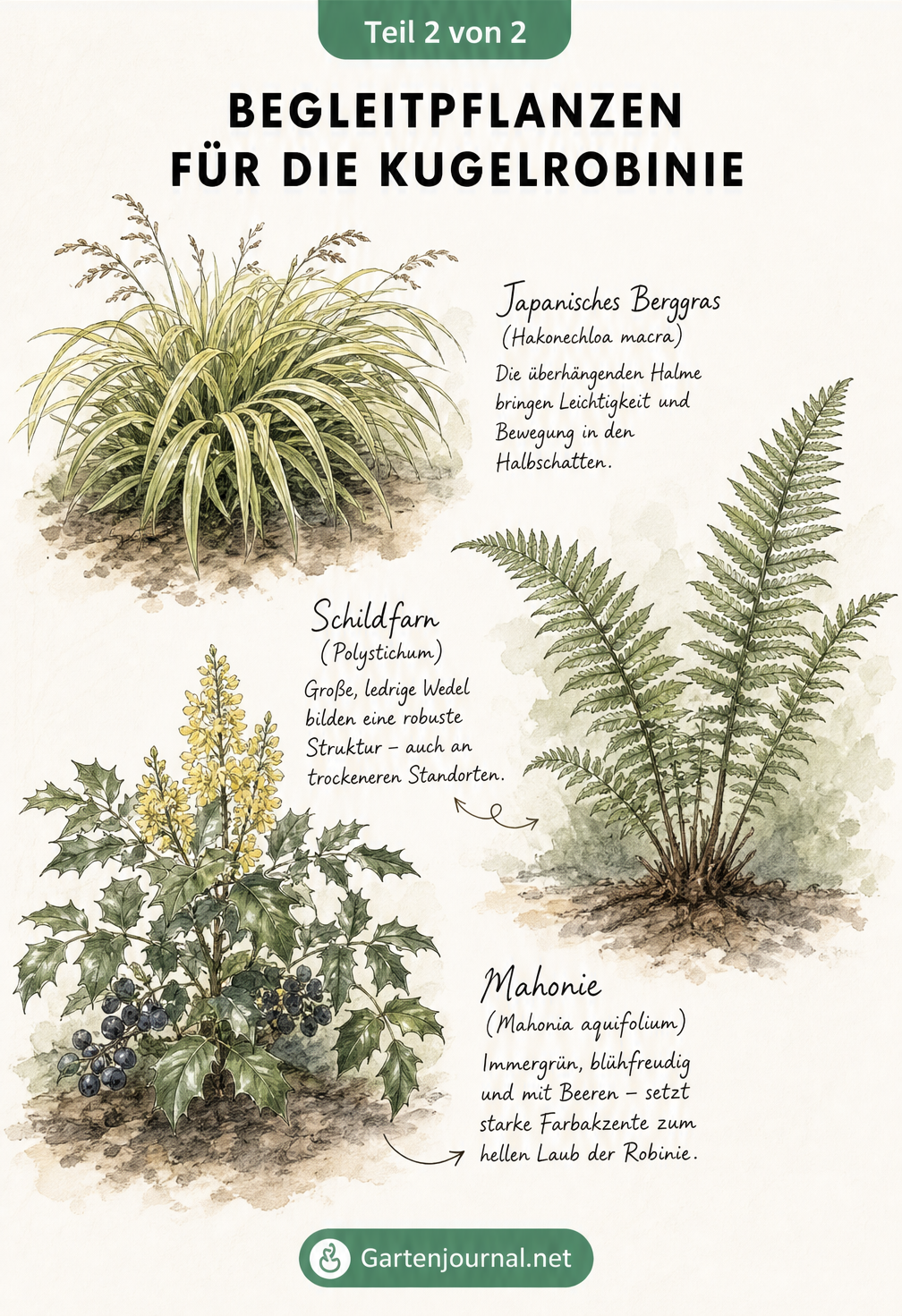 Botanische Skizze von Japanischem Berggras, Schildfarn und Mahonie als Begleitpflanzen für die Kugelrobinie.
