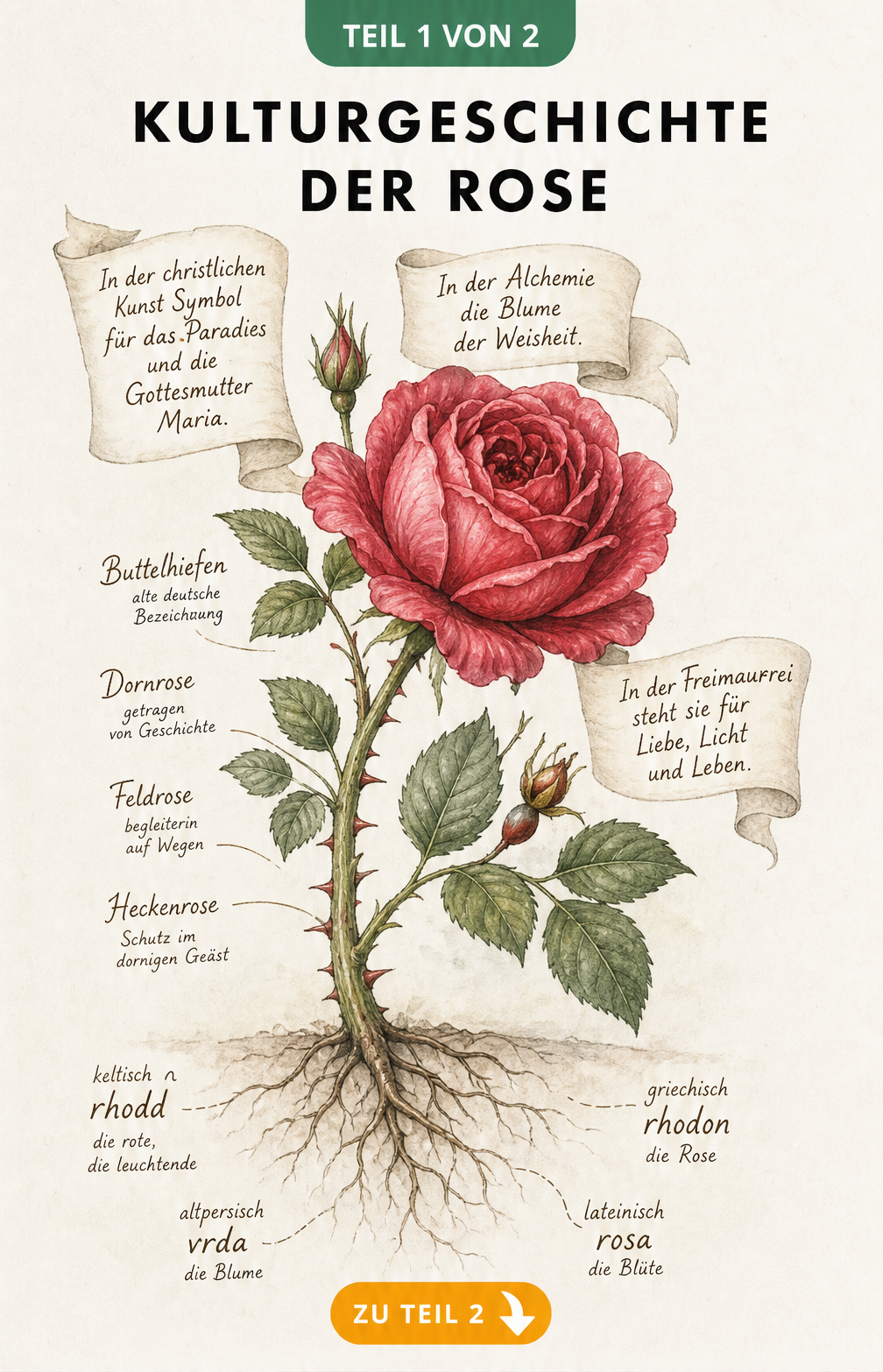 Botanische Illustration einer roten Rose mit sprachlichen Ursprüngen und kultureller Symbolik