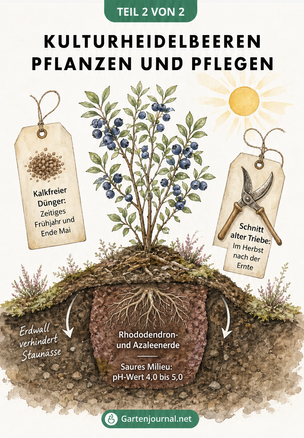 Querschnitt eines Gartenbeets zeigt Heidelbeerstrauch auf Erdwall mit Hinweisen zu saurer Erde, Dünger und Schnitt