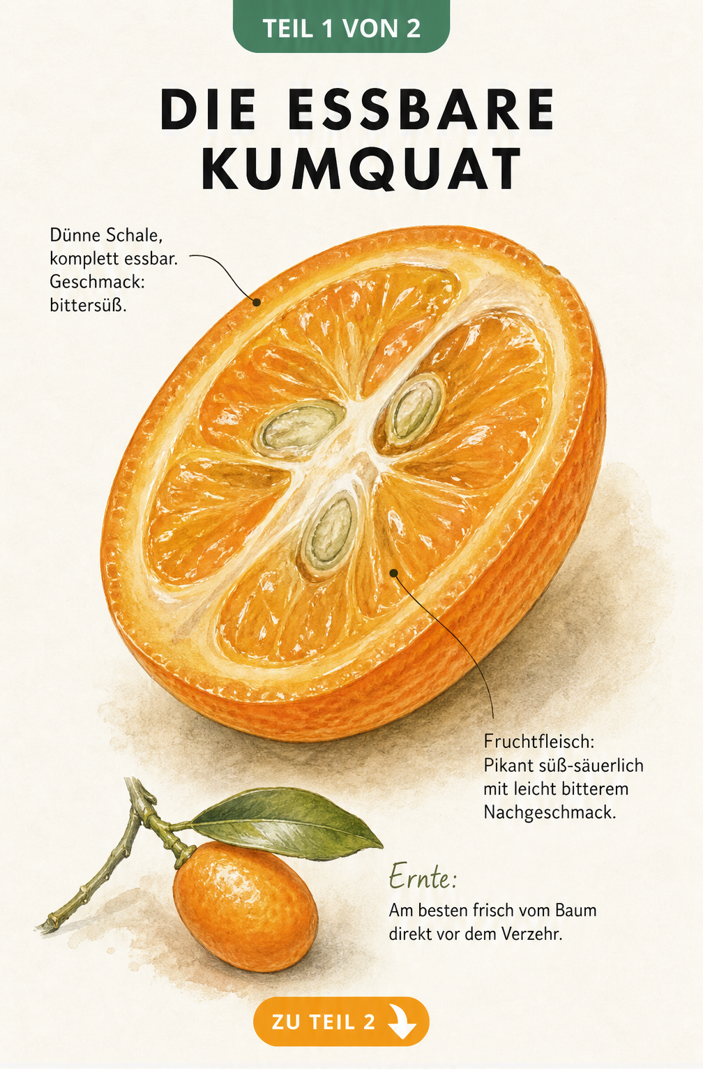 Botanische Illustration einer halbierten Kumquat mit Erklärungen zu Schale und Fruchtfleisch