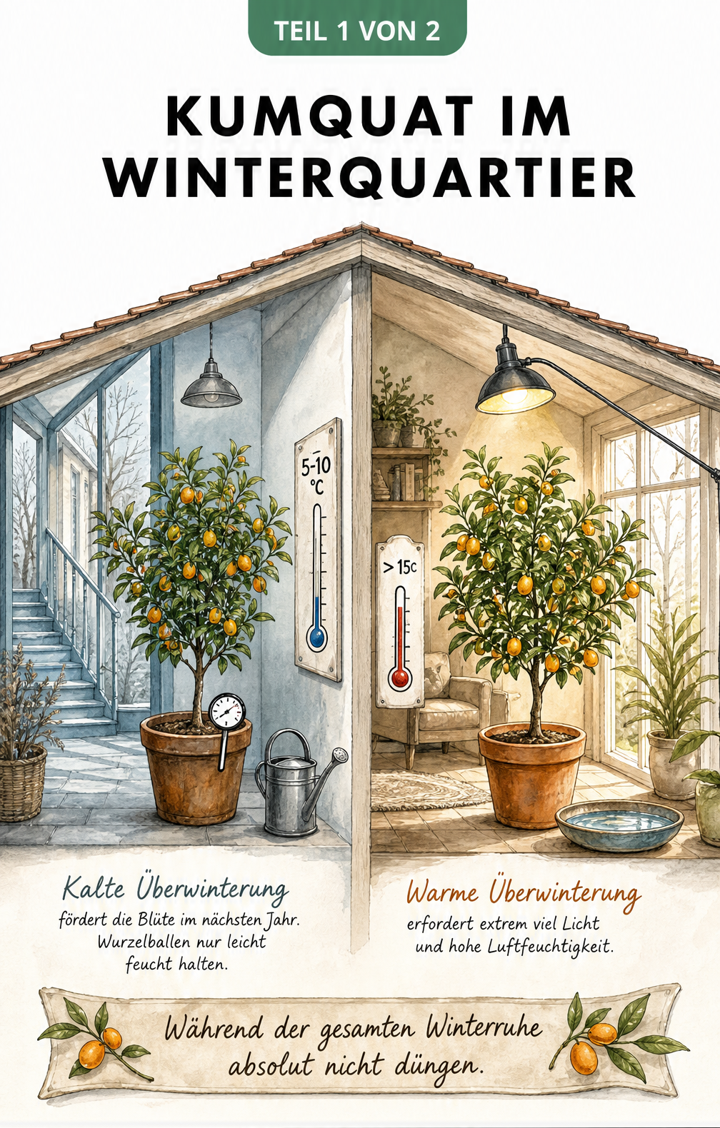 Illustration eines Hauses, das die kalte und warme Überwinterung eines Kumquat-Baums vergleicht