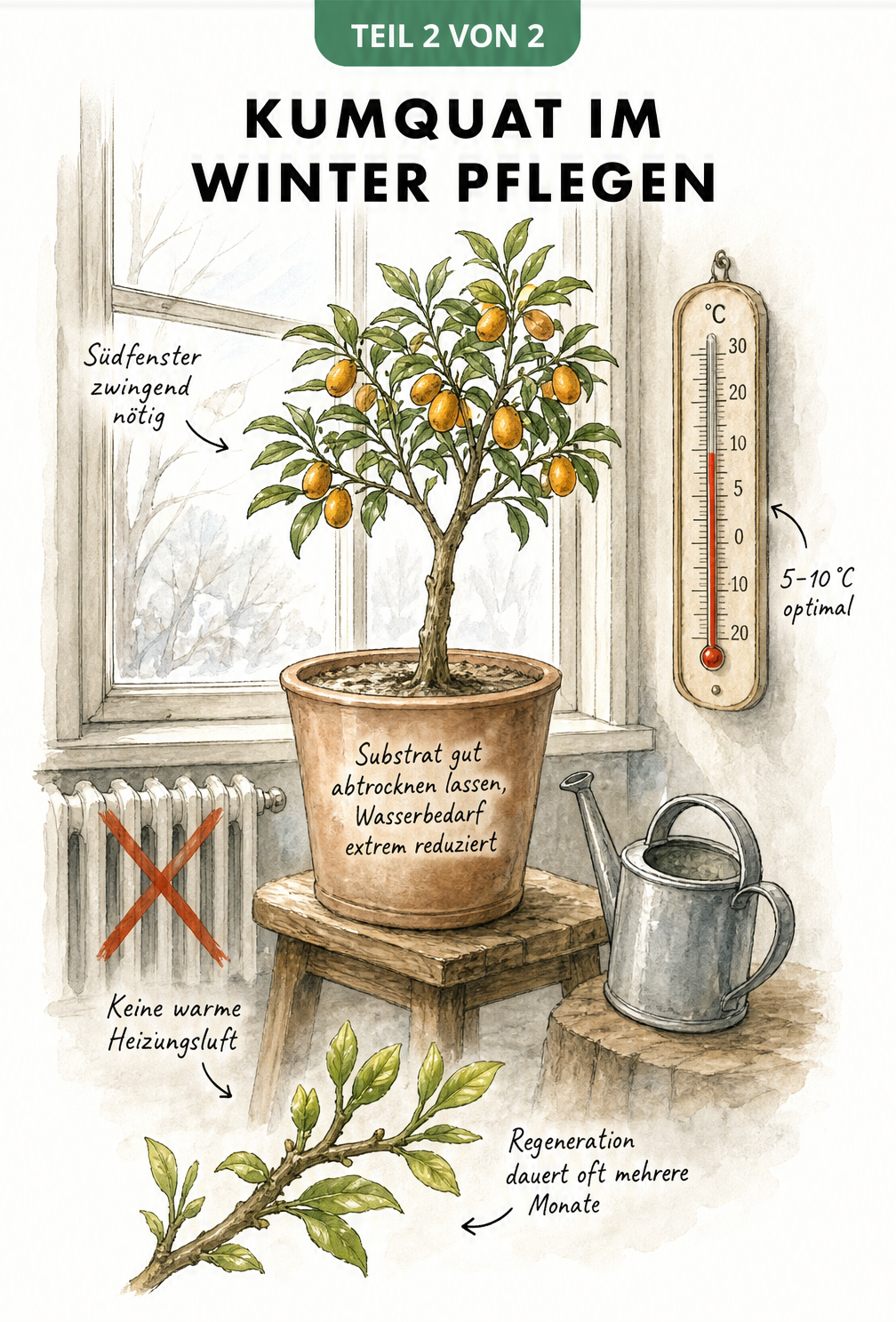 Skizze eines Kumquatbaums am hellen Südfenster im Winter, mit Thermometer zwischen 5 und 10 Grad und durchgestrichener Heizung.