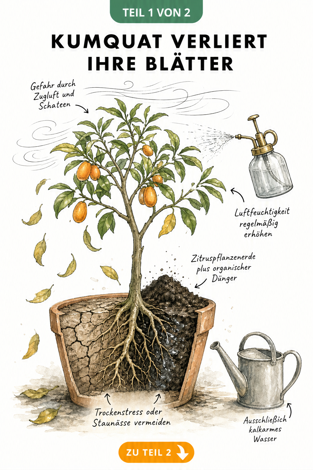 Botanische Illustration eines Kumquatbaums im Topf, der Blätter verliert, mit Hinweisen zu Pflegefehlern wie Trockenstress, Staunässe, Zugluft und Schatten.