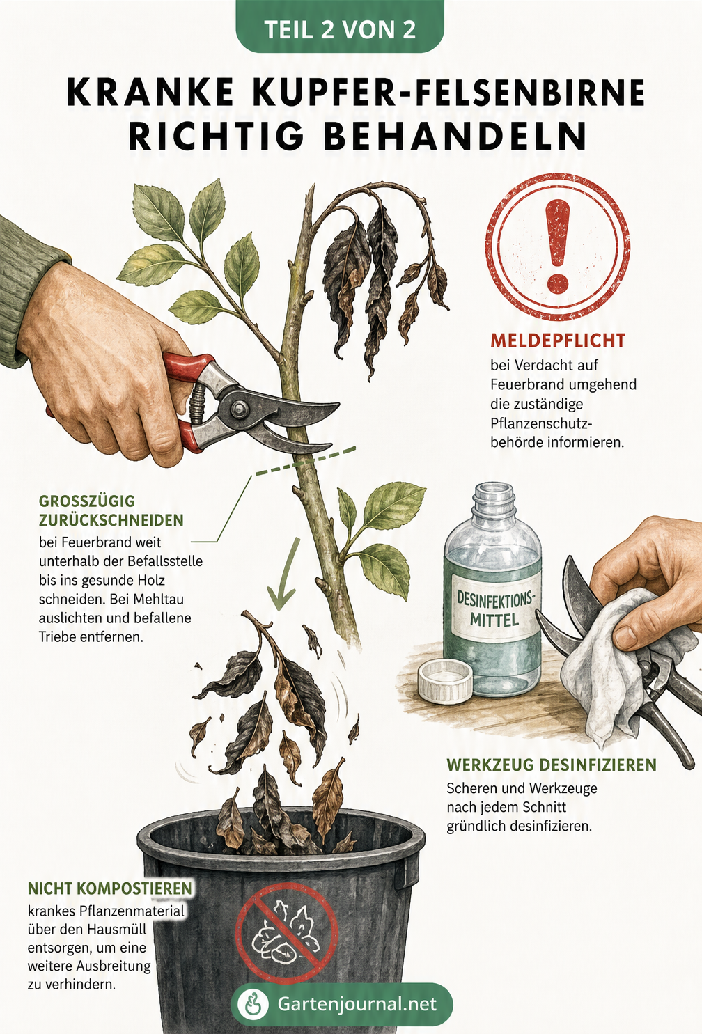 Illustration zur Behandlung kranker Kupfer-Felsenbirnen: Rückschnitt ins gesunde Holz, Desinfektion der Gartenschere und Entsorgung im Restmüll