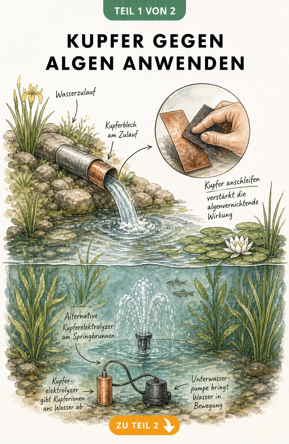 Handgezeichnete Schnittzeichnung eines Gartenteichs mit Kupferblech am Wasserzulauf und Kupferelektrolyzer am Springbrunnen