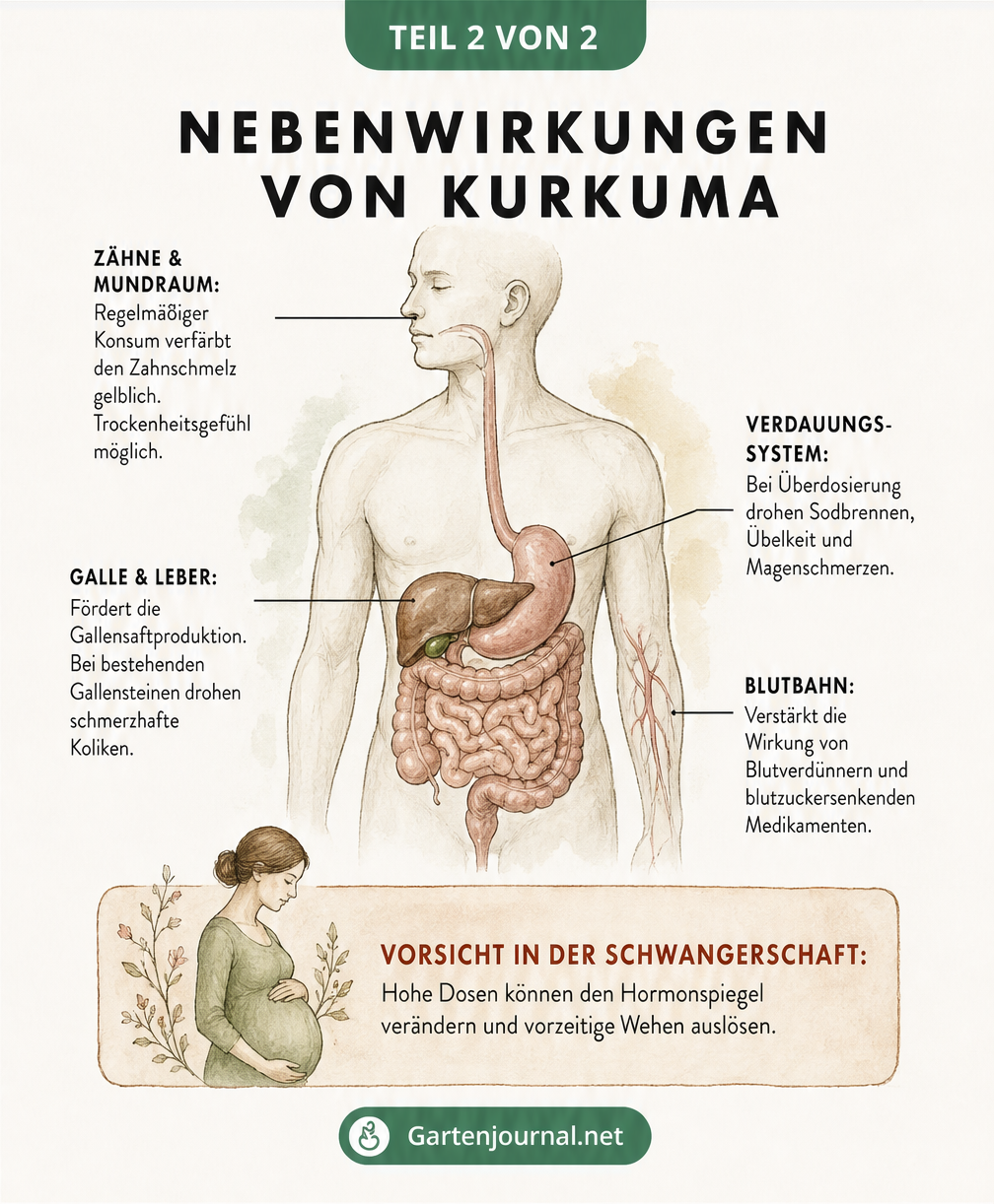 Grafik eines menschlichen Torsos, die mögliche Nebenwirkungen von Kurkuma auf Zähne, Verdauung, Leber und Blutbahn zeigt