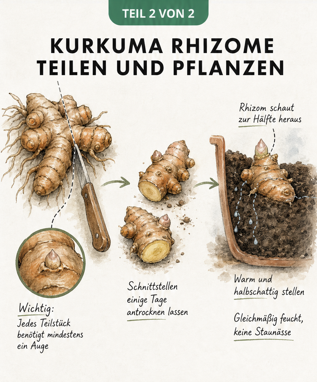 Detailzeichnung zum Teilen und Einpflanzen von Kurkuma-Rhizomen im Frühjahr