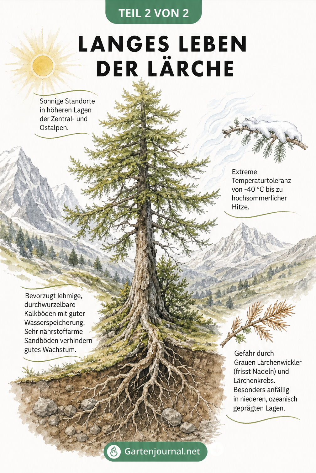 Zeichnung einer Lärche in alpiner Landschaft mit Informationen zu Standort, Temperaturtoleranz und Bodenansprüchen