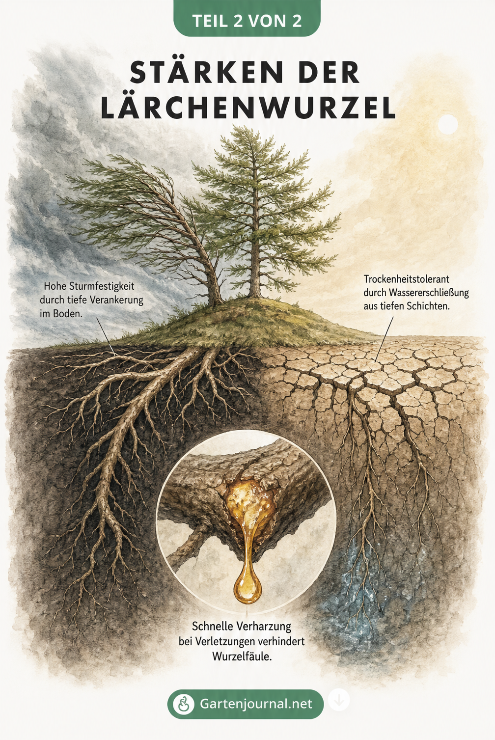 Illustration einer Lärche im Sturm, deren tiefe Wurzeln Halt geben und Wasser aus tiefen Schichten aufnehmen, während eine verletzte Wurzel verharzt.