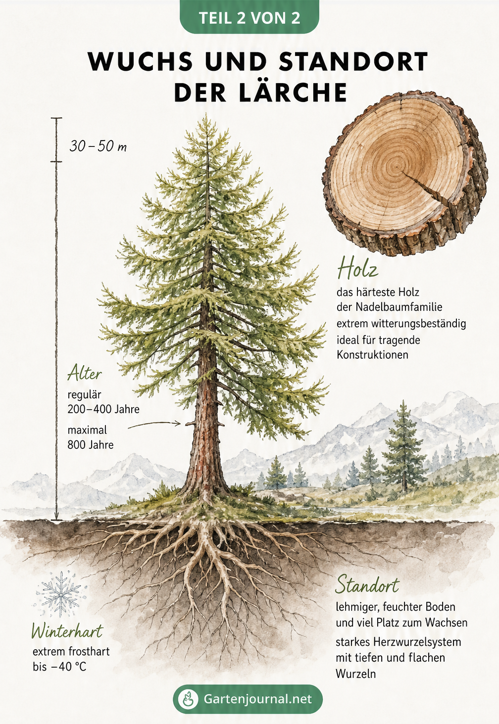 Illustration einer Lärche mit Wuchsform, Wurzeln und Holzquerschnitt