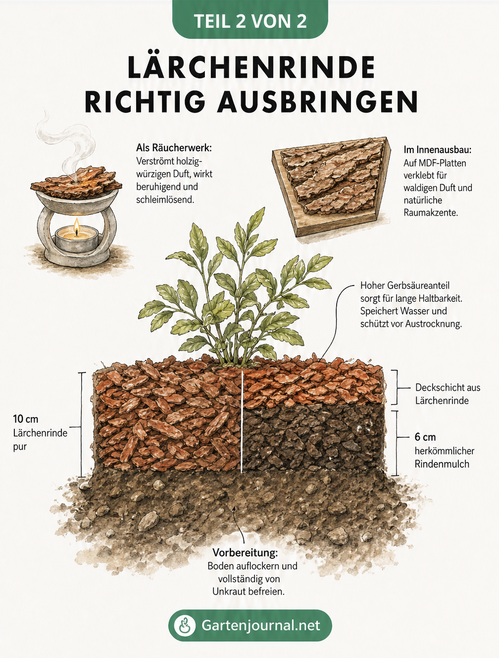 Querschnitt durch ein Gartenbeet, der die richtige Schichtung von Lärchenrinde als Mulch zeigt.