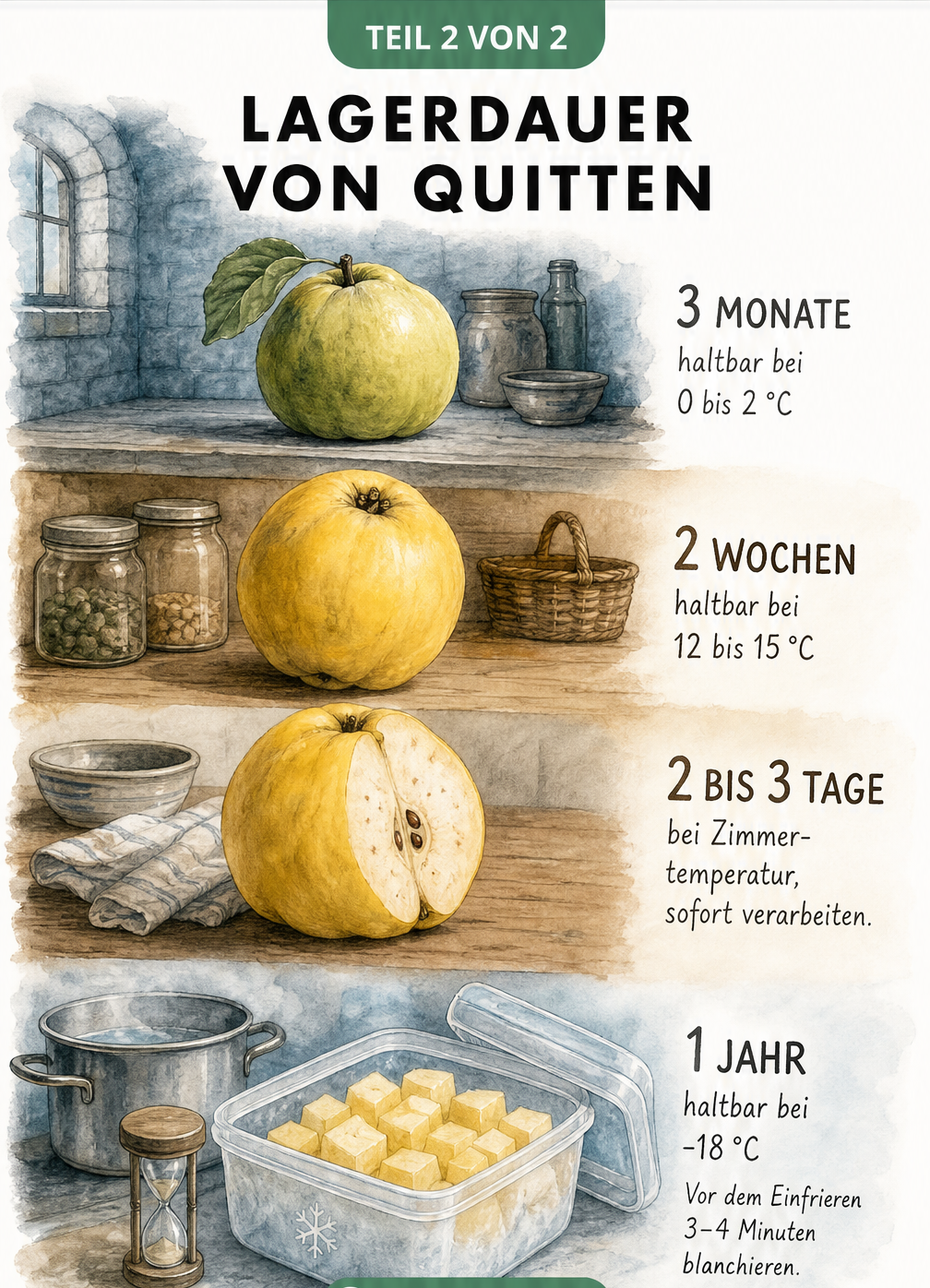 Handgezeichnete Zeitleiste zur Haltbarkeit von Quitten bei verschiedenen Temperaturen, vom kühlen Keller bis zum Einfrieren
