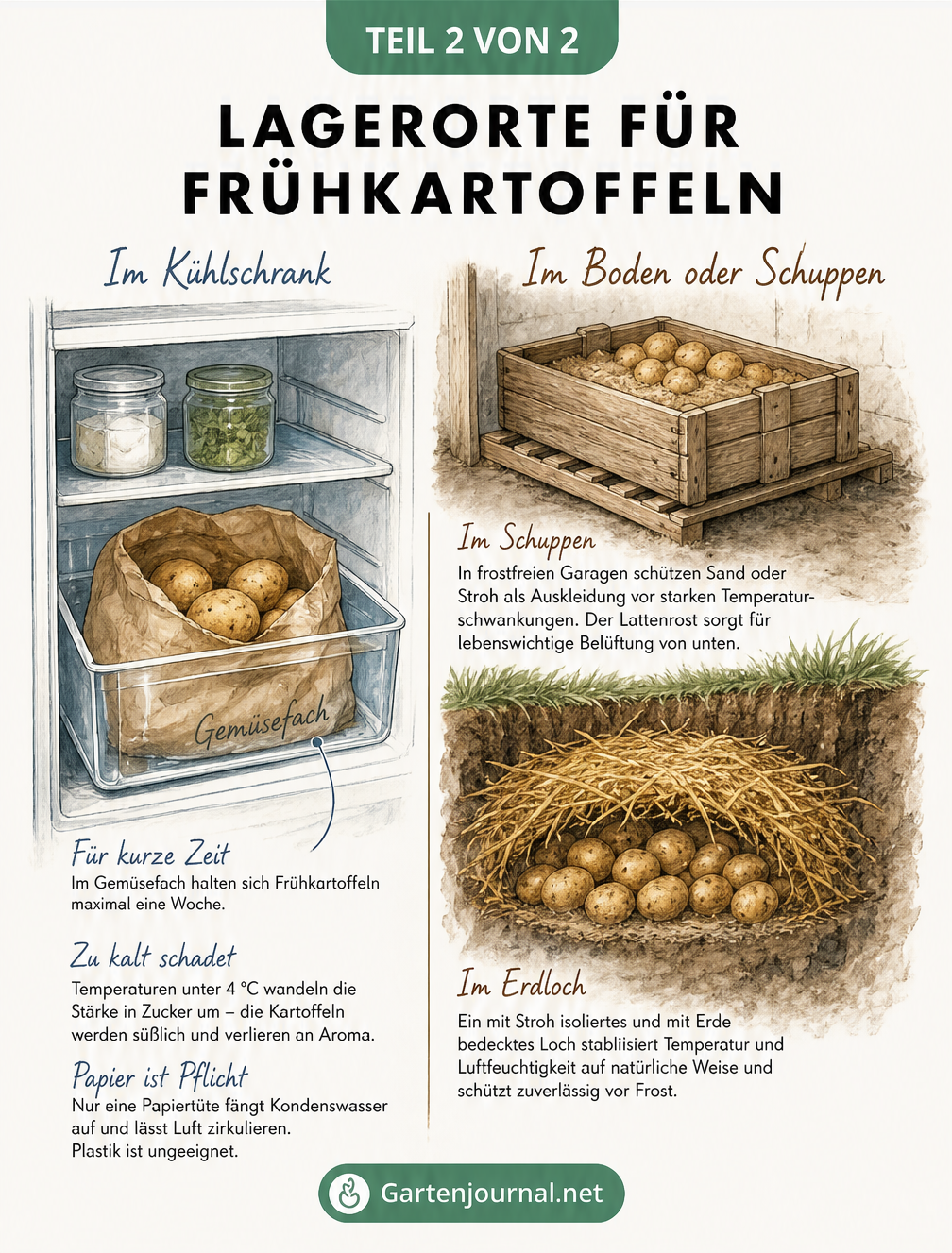 Schnittzeichnung, die die Lagerung von Frühkartoffeln im Kühlschrank und in einer traditionellen Kartoffelhorde im Erdloch vergleicht