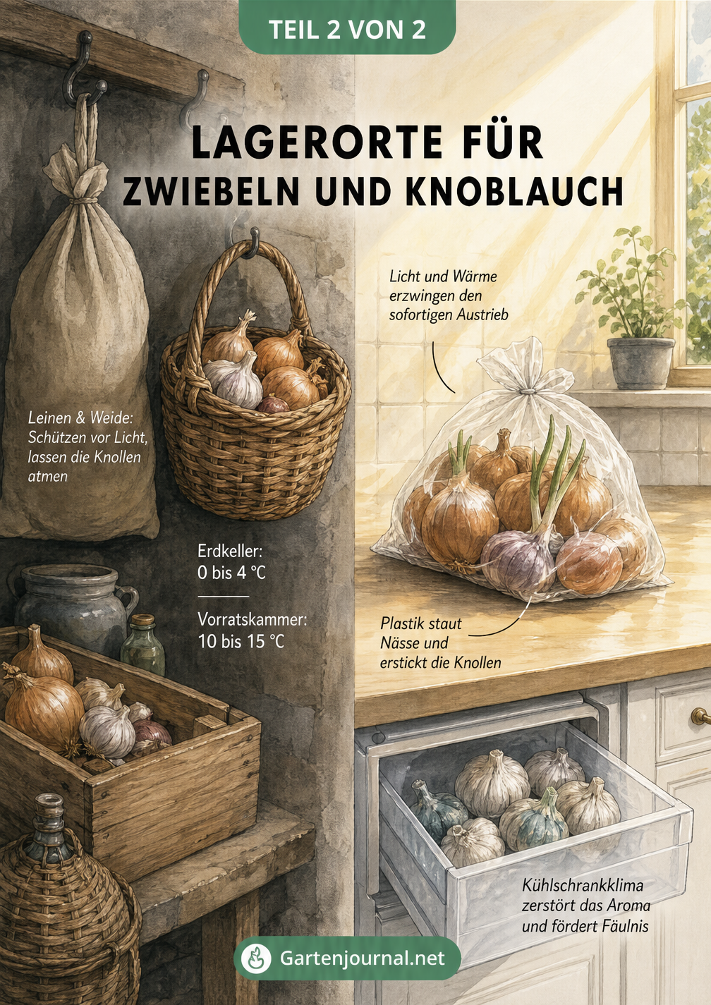 Vergleich von Lagerorten: Dunkle Vorratskammer mit Leinensack und Weidenkorb vs. helle Küche mit Plastiktüte und Kühlschrank