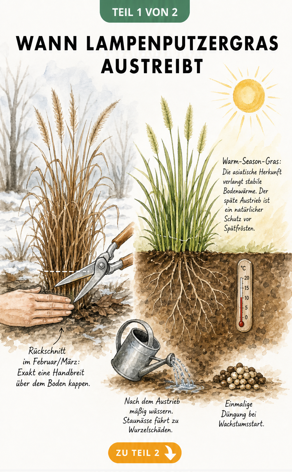 Illustration zum Austrieb von Lampenputzergras: Rückschnitt im Februar/März und später Austrieb bei wärmeren Bodentemperaturen.