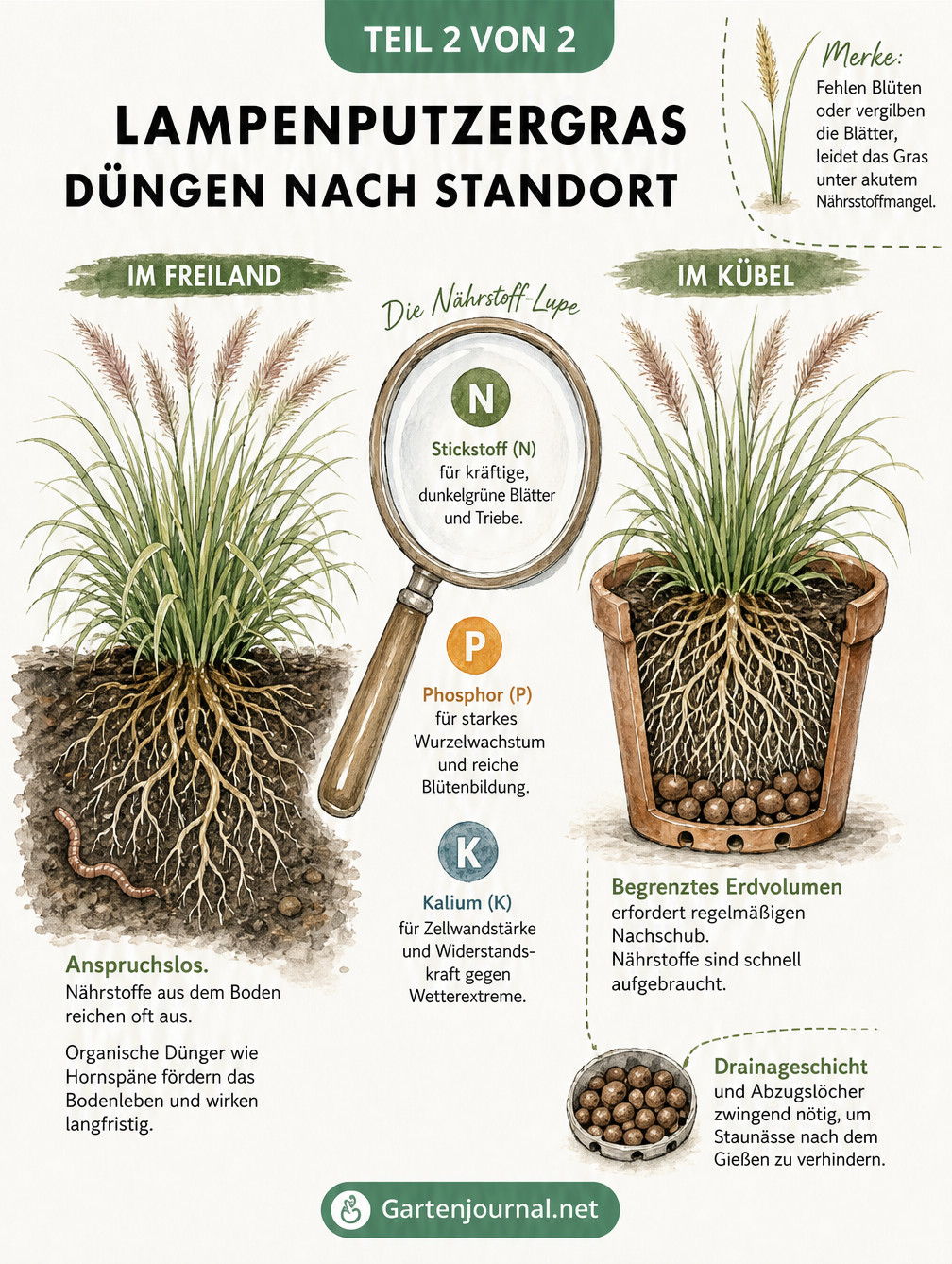 Vergleich der Düngung von Lampenputzergras im Freiland und im Kübel mit Nährstoffbedarf