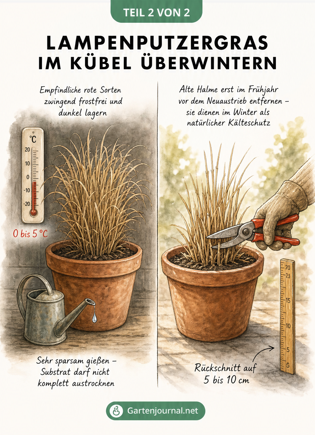 Illustration eines Lampenputzergrases im Kübel im Winterquartier und beim Rückschnitt im Frühjahr