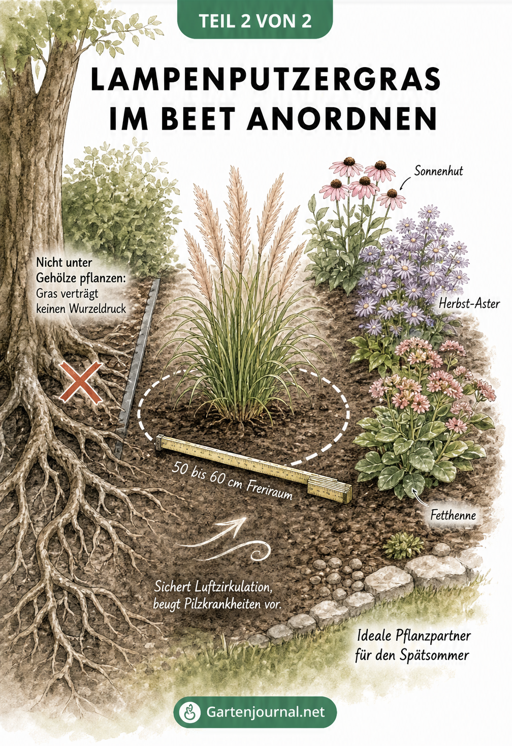Isometrische Skizze eines Gartenbeets, die den idealen Pflanzabstand von Lampenputzergras zu anderen Pflanzen und Gehölzen zeigt.