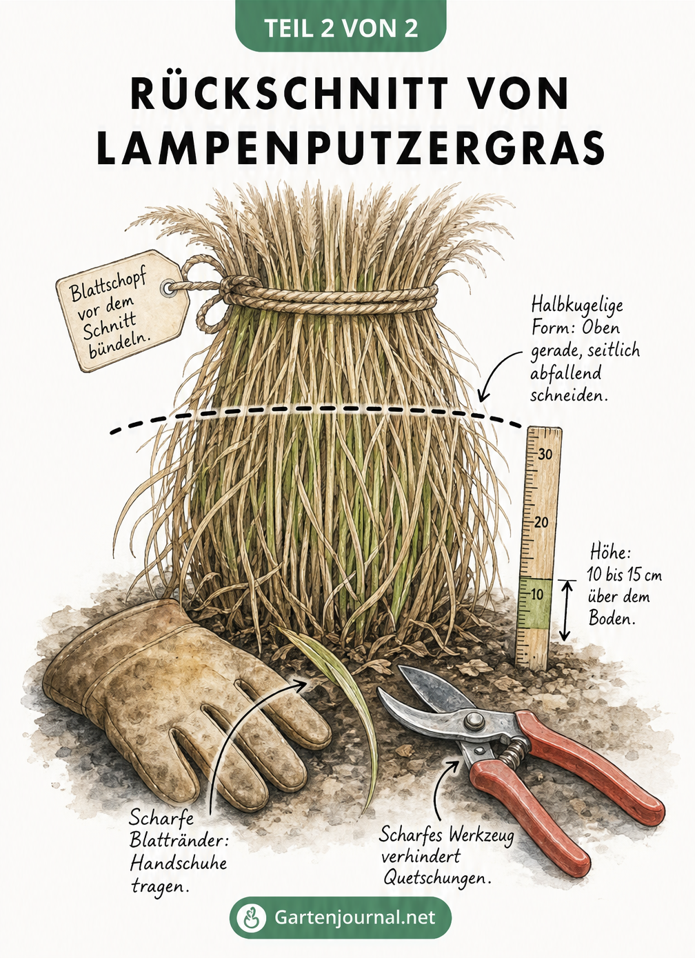 Skizze eines Lampenputzergrases mit Anleitung zum Bündeln und Schneiden auf 10 bis 15 cm Höhe