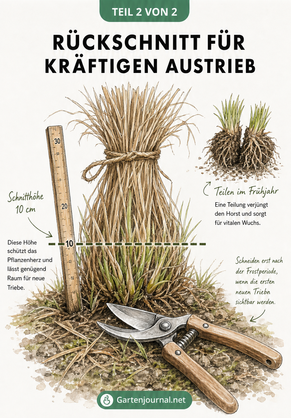 Skizze eines Lampenputzergrases mit zusammengebundenen Halmen, Zollstock und Gartenschere für den Rückschnitt