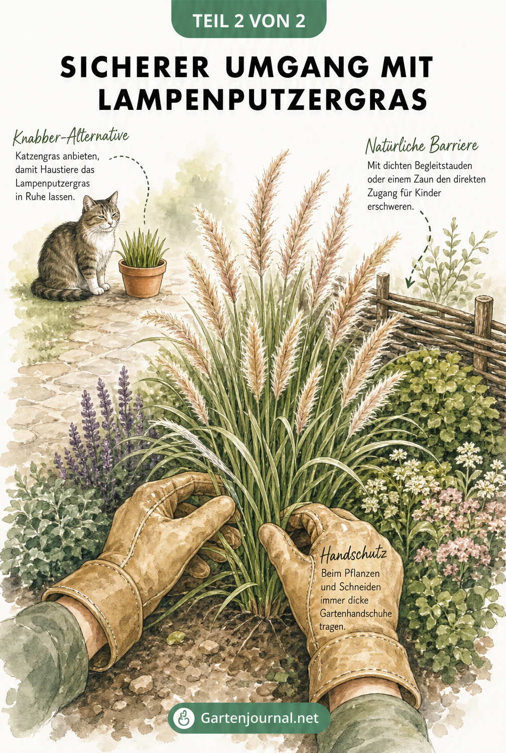 Aquarell-Illustration eines Gartens mit Lampenputzergras, schützenden Gartenhandschuhen und einer Katze neben Katzengras.