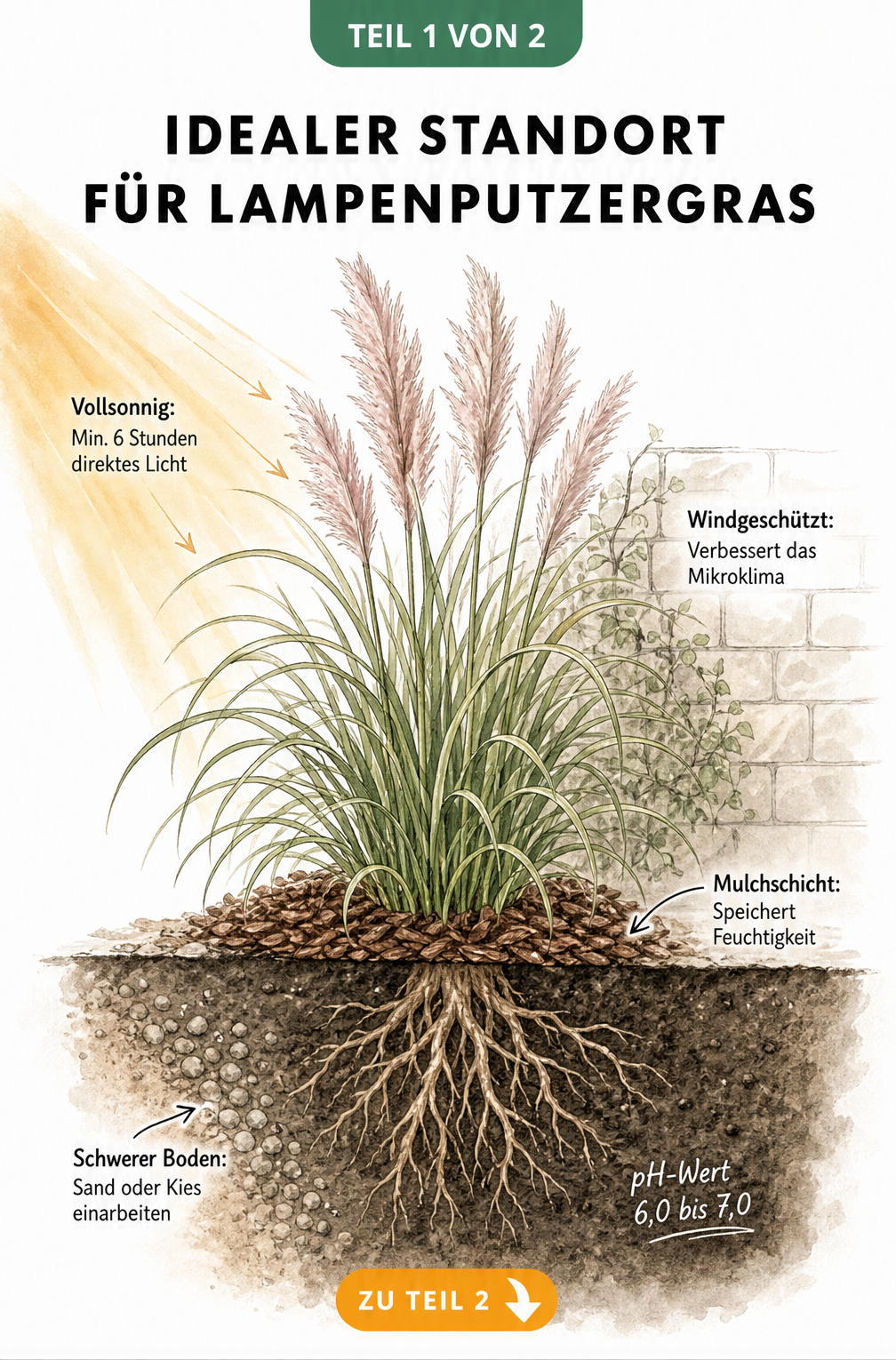 Botanische Schnittzeichnung von Lampenputzergras mit Wurzeln, die den idealen sonnigen Standort und die Bodenbeschaffenheit zeigt.