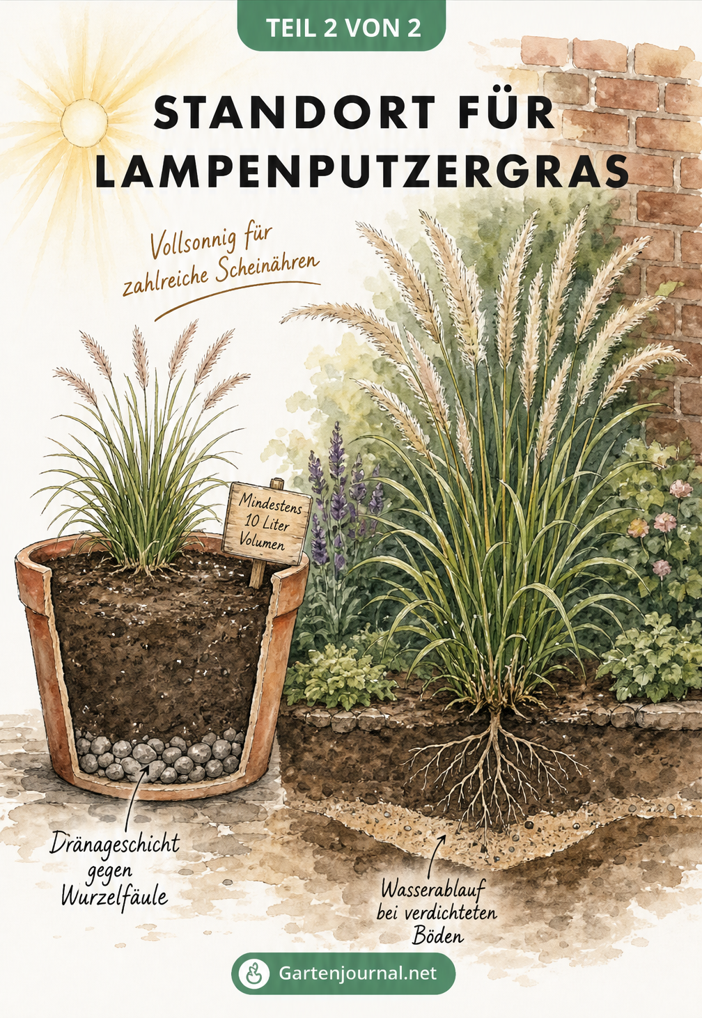 Aquarell-Zeichnung eines Lampenputzergrases im Kübel mit Dränage und im Beet vor einer Mauer