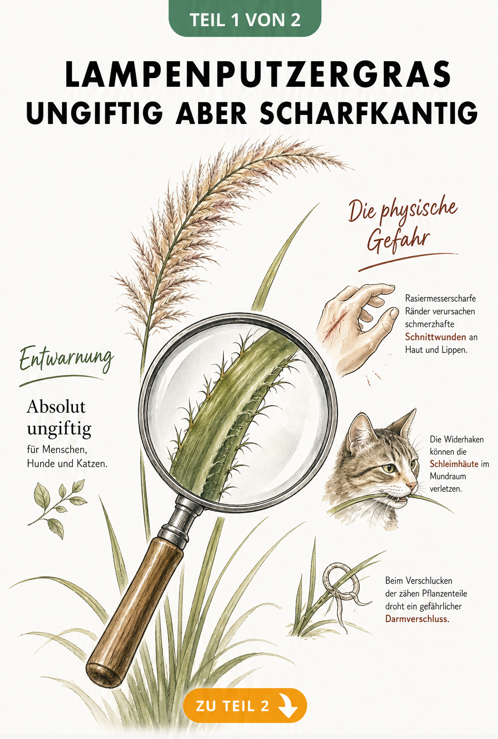 Botanische Illustration eines Lampenputzergras-Halms mit vergrößerter Darstellung der scharfen Widerhaken an den Blatträndern.