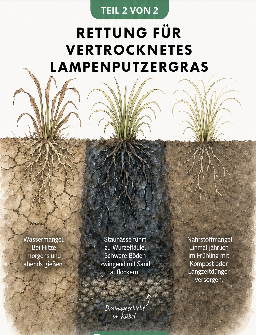 Illustration von drei Bodenquerschnitten, die Wassermangel, Staunässe und Nährstoffmangel bei Lampenputzergras zeigen