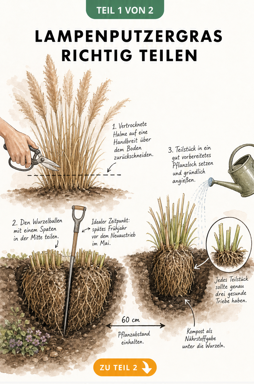 Illustration zur Wurzelteilung von Lampenputzergras im Frühjahr mit Spaten und Schere
