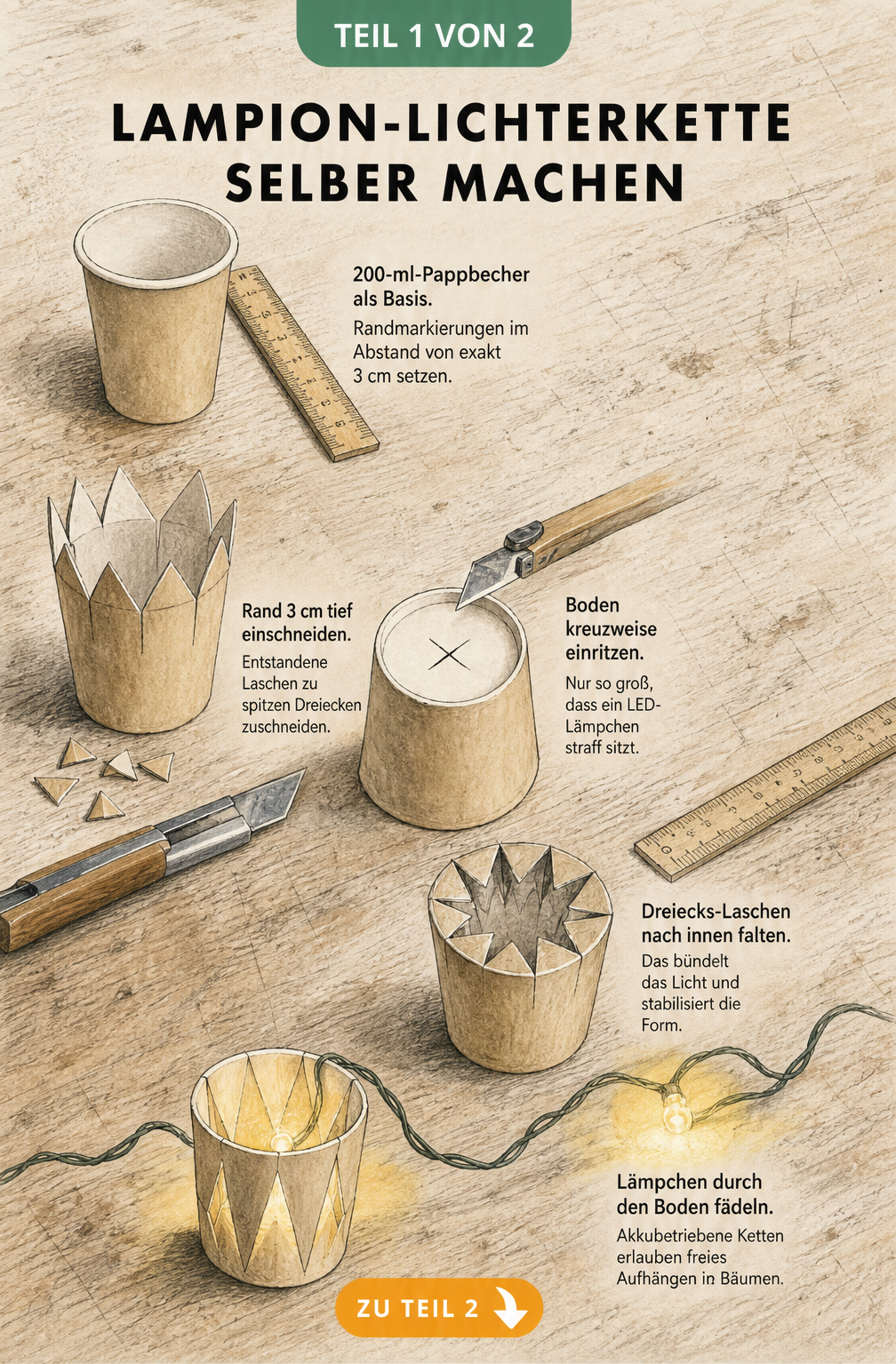 Illustration einer Werkbank mit Pappbechern, Teppichmesser und Lichterkette für selbstgemachte Lampions