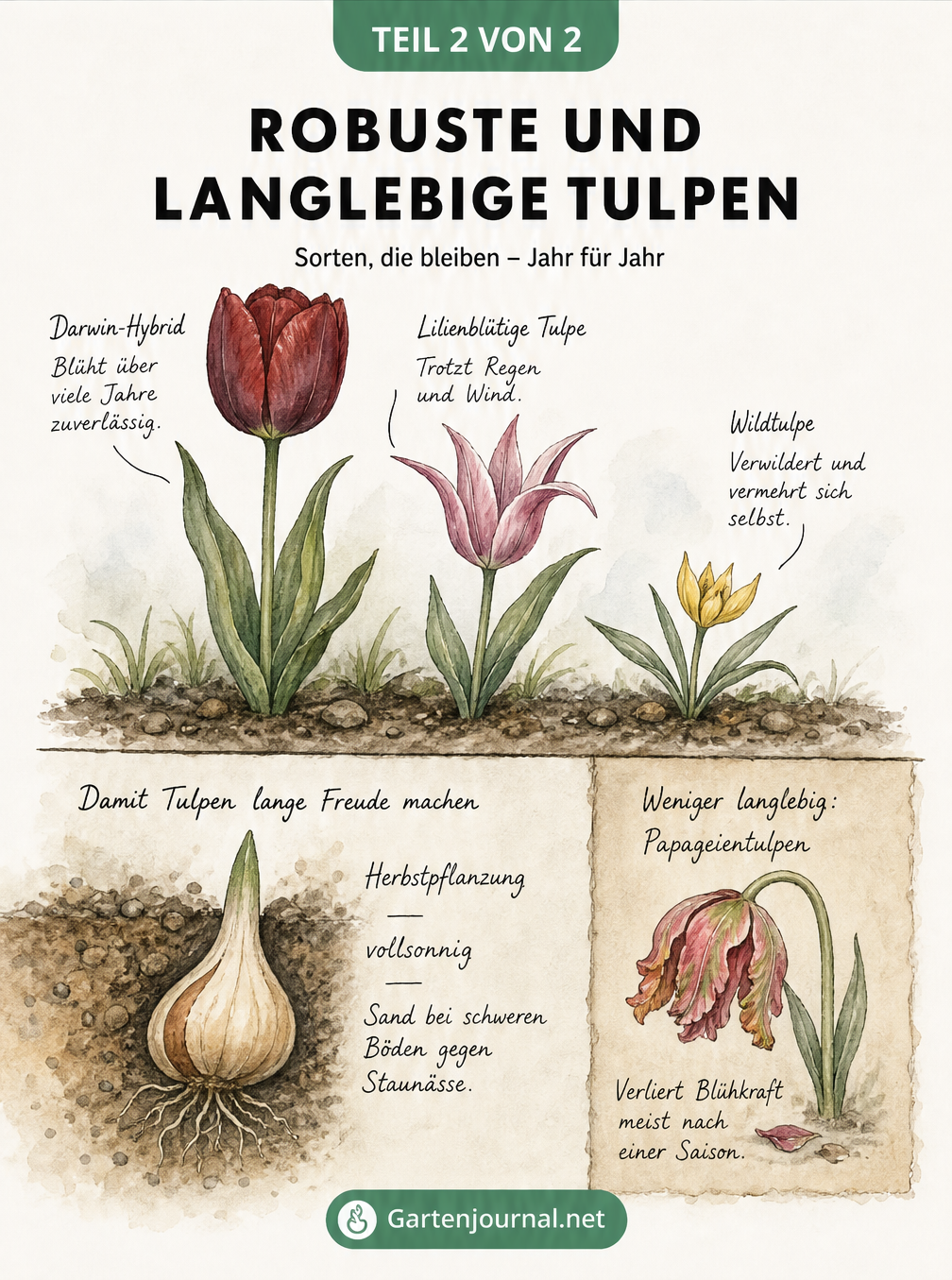 Illustration langlebiger Tulpensorten wie Darwin-Tulpen und Wildtulpen mit Pflanztipps