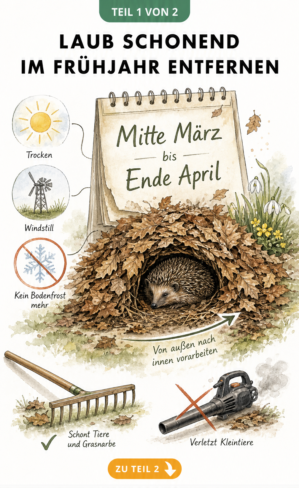 Illustration eines Laubhaufens mit Igel und Kalenderblatt, das den idealen Zeitraum zur Laubentfernung von Mitte März bis Ende April zeigt.