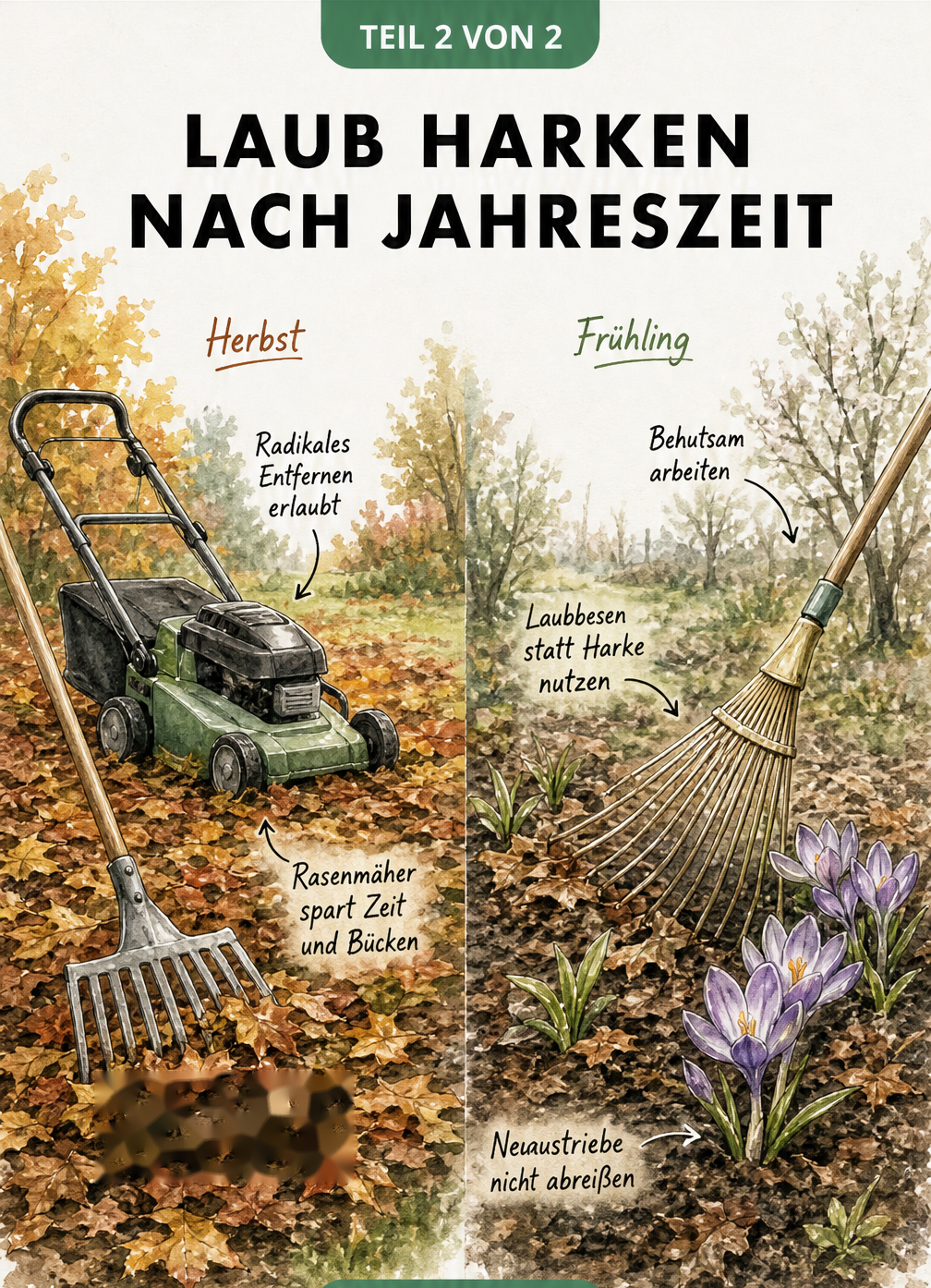 Vergleich Herbst und Frühling: Im Herbst wird Laub mit Rasenmäher und Harke entfernt, im Frühling behutsam mit einem Laubbesen um Krokusse herum.
