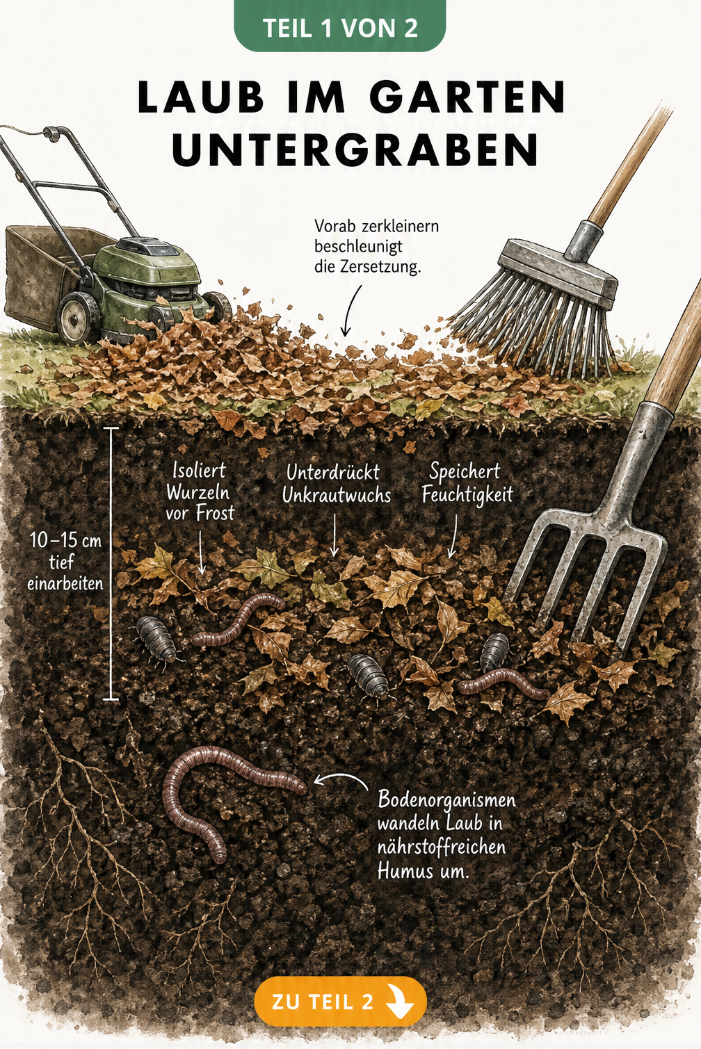 Querschnitt durch den Gartenboden beim Untergraben von Laub mit Grabegabel und Regenwürmern