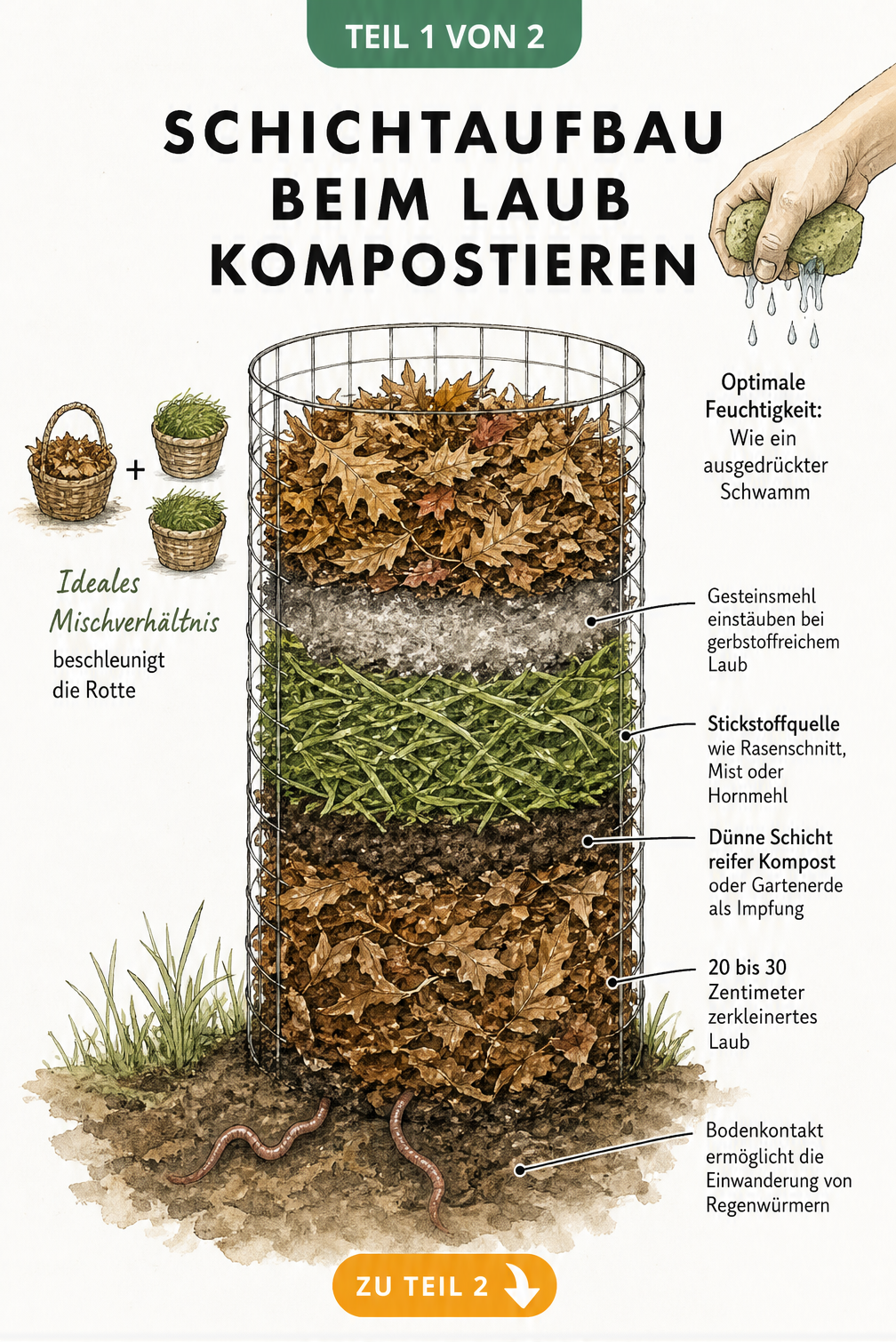 Illustration eines Drahtkomposters, der den Schichtaufbau beim Laub kompostieren zeigt: Bodenkontakt, zerkleinertes Laub, reifer Kompost, Stickstoffquelle und...