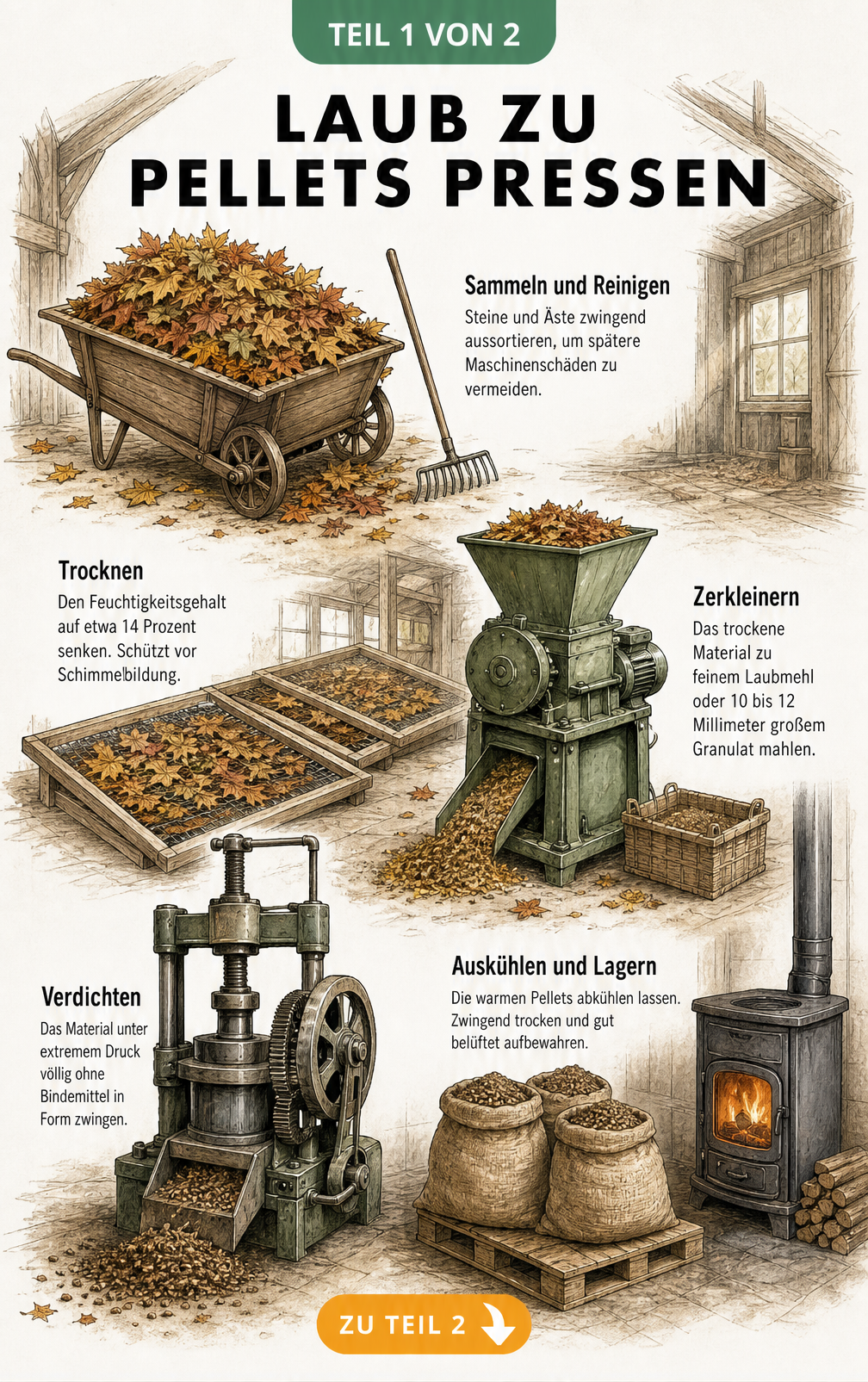 Illustration einer Werkstatt, in der Herbstlaub in mehreren Schritten zu Pellets gepresst wird