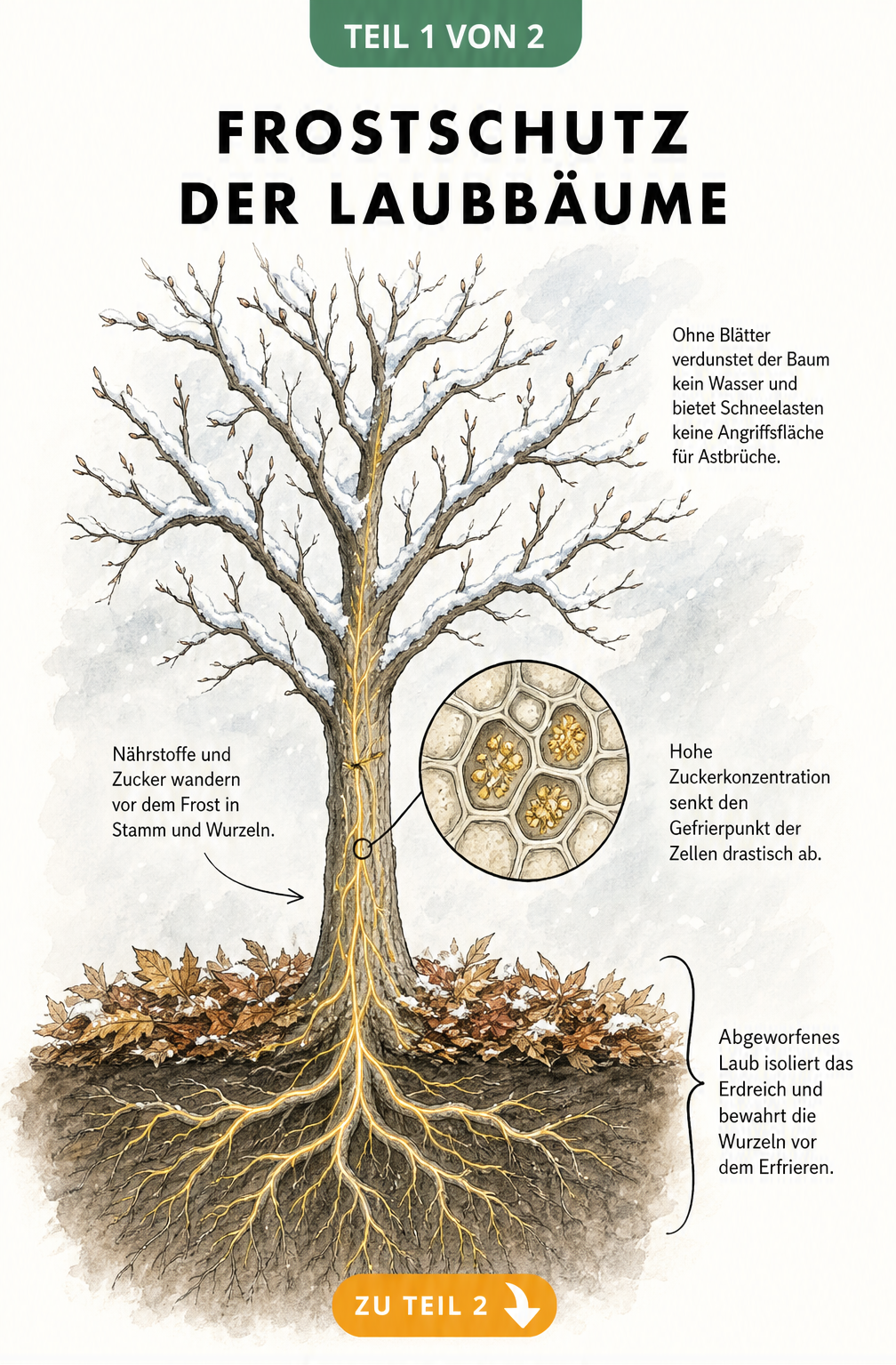Illustration eines kahlen Laubbaums im Winter mit sichtbarem Wurzelwerk, das den Rückzug von Nährstoffen und Zucker als Frostschutz zeigt.