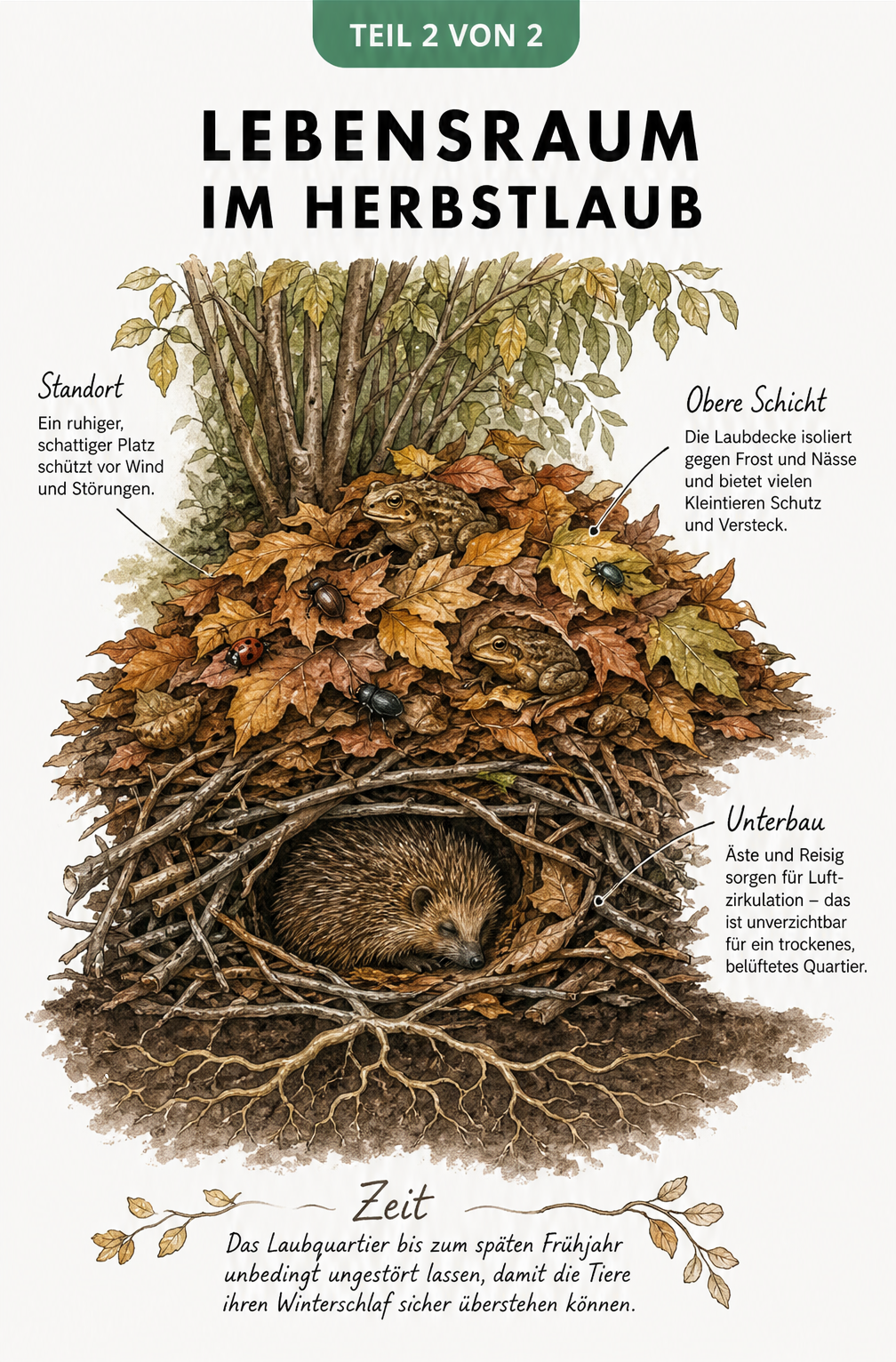 Schnittzeichnung eines Laubhaufens unter einer Hecke, in dem ein Igel, Erdkröten und Käfer überwintern.
