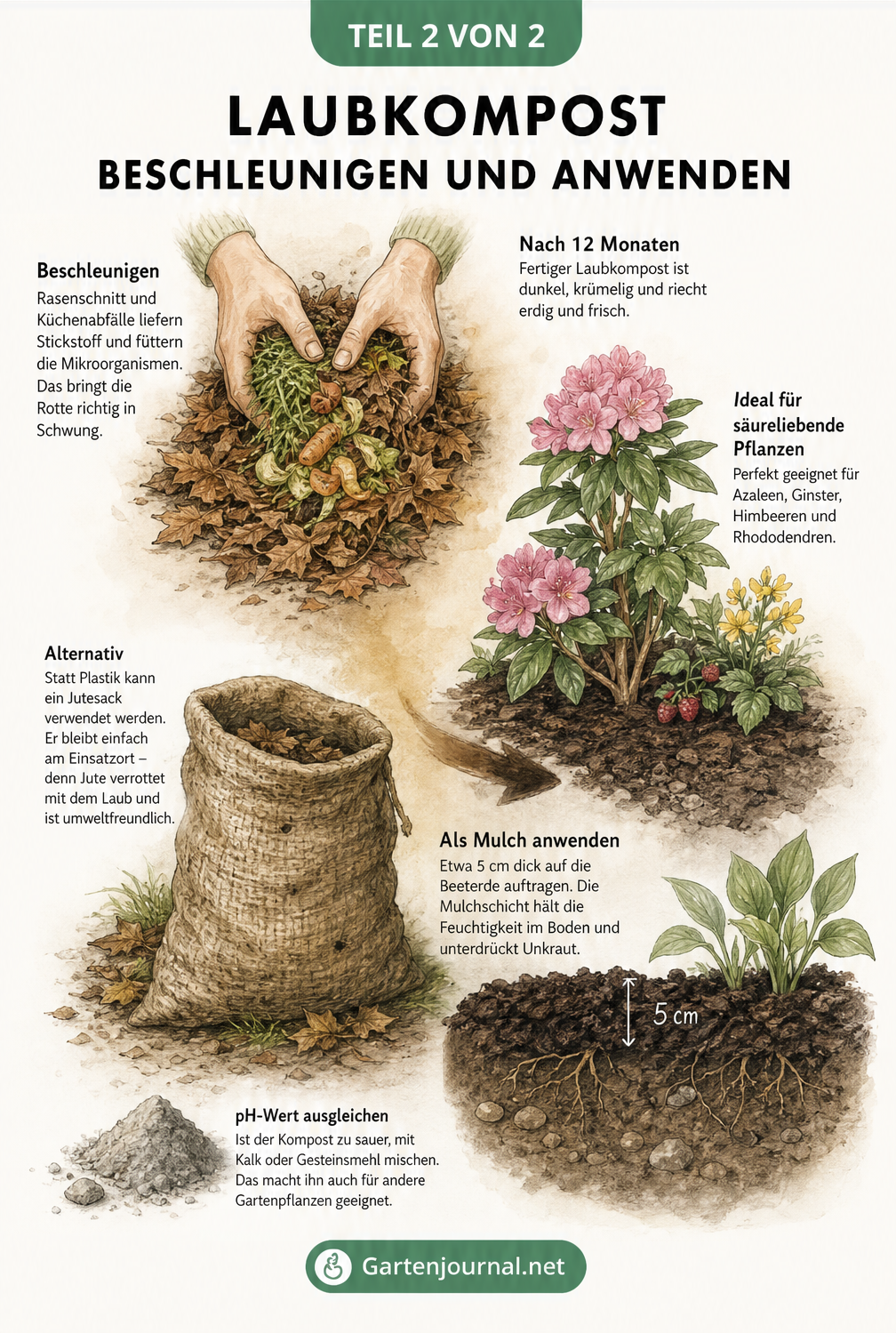 Illustration zur Beschleunigung von Laubkompost mit Grünschnitt und der Anwendung als Mulchschicht bei Rhododendren