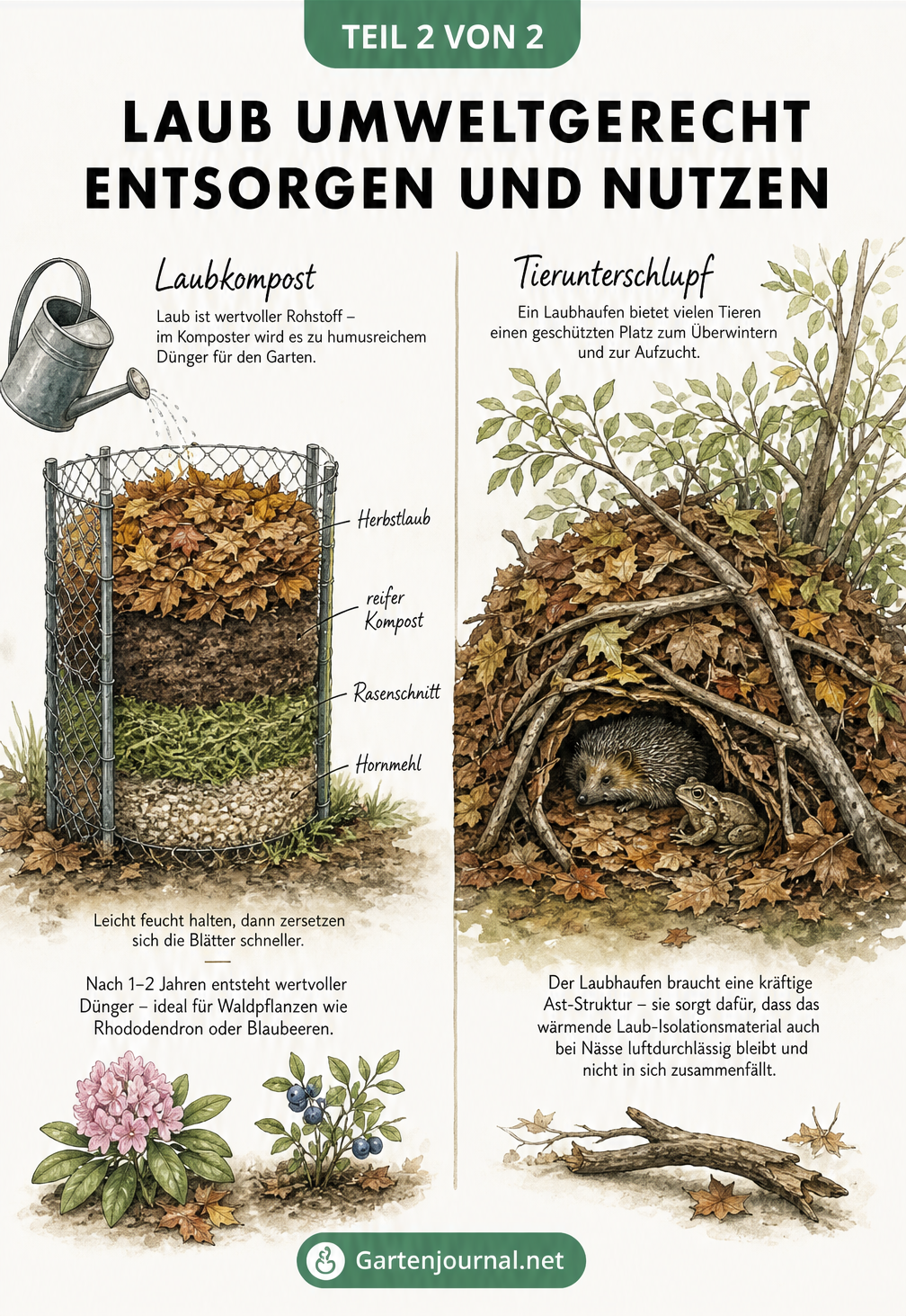 Schnittzeichnung eines Laubkomposters und eines Laubhaufens als Tierunterschlupf
