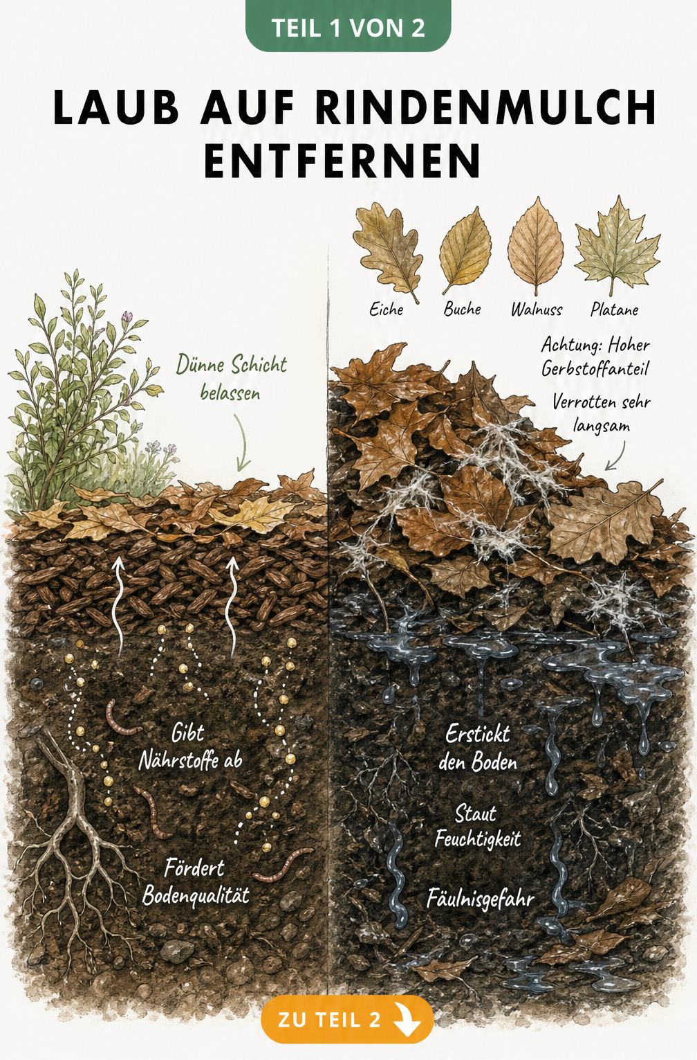 Bodenquerschnitt eines Gartenbeetes mit Rindenmulch, der die Auswirkungen einer dünnen und einer dicken Laubschicht auf die Bodenqualität zeigt.