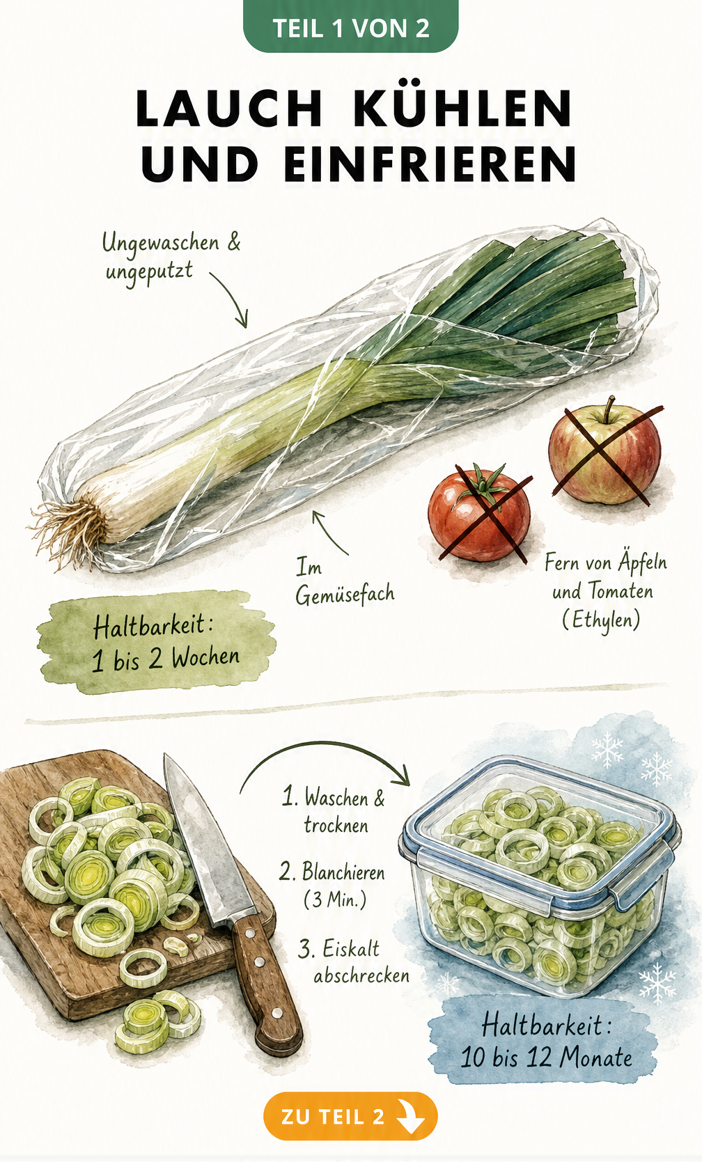Illustration einer Lauchstange im Kühlschrank und geschnittenem Lauch zum Einfrieren