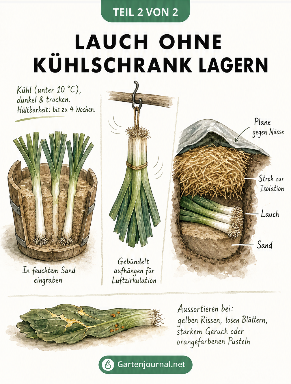 Illustration von Lauch in feuchtem Sand, gebündelt aufgehängt und in einer Erdmiete