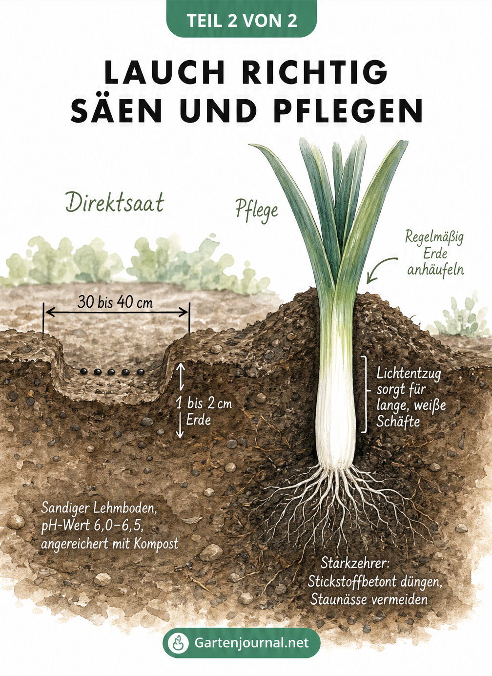 Querschnitt durch ein Gartenbeet mit Direktsaat von Lauch und einer ausgewachsenen Lauchpflanze, die angehäufelt wird