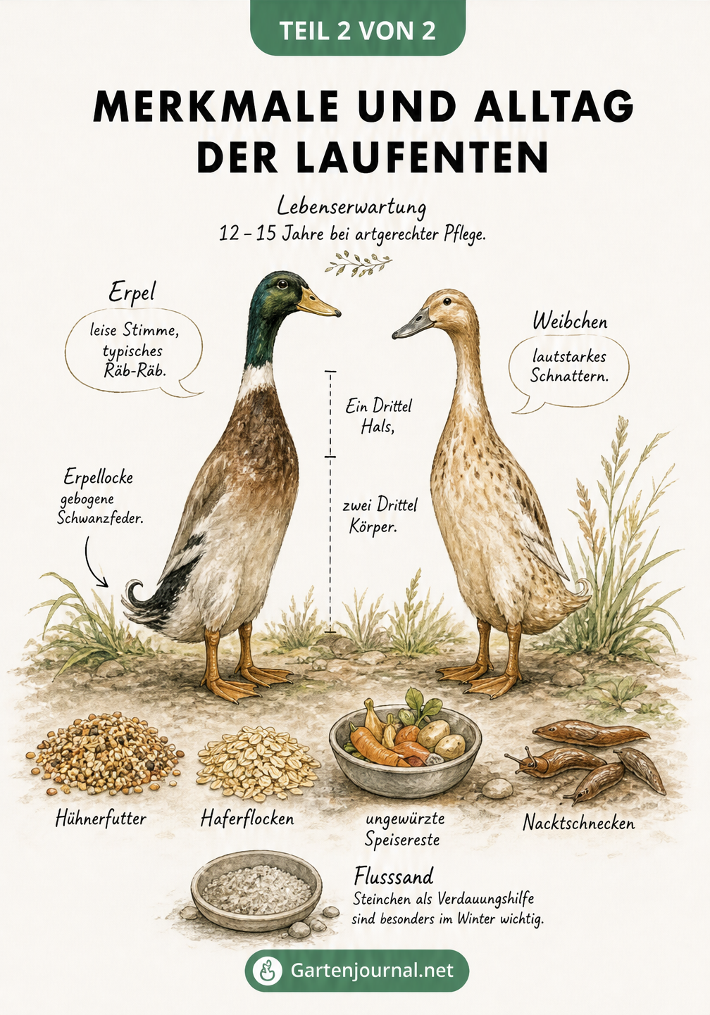 Zeichnung eines Indischen Laufenten-Paares mit Hinweisen zu Körperbau, Nahrung und Lebenserwartung