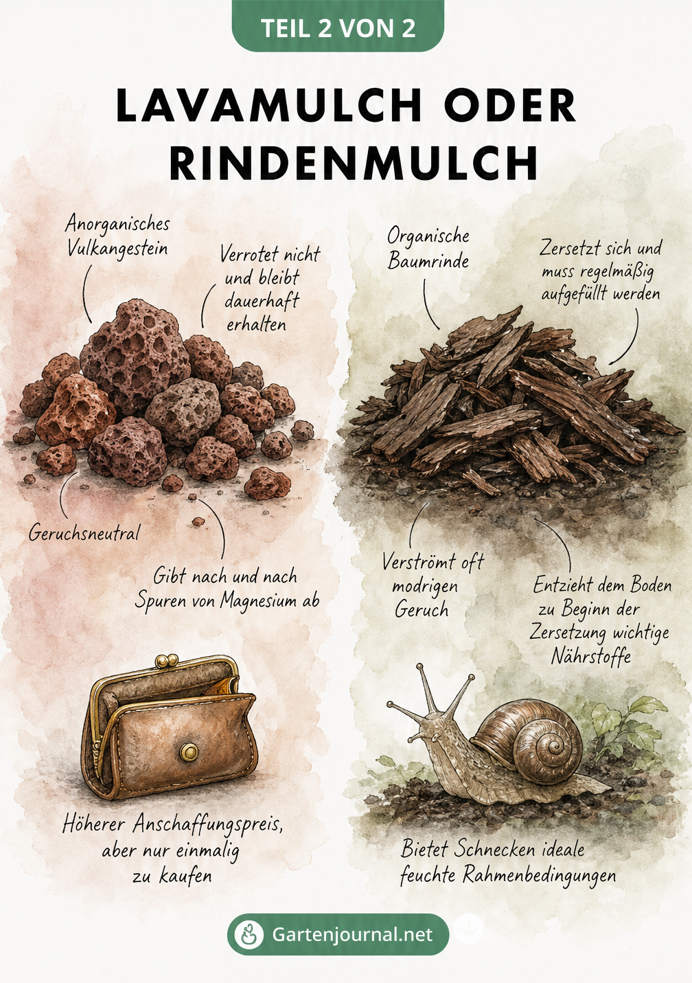 Vergleich von Lavamulch und Rindenmulch mit Vor- und Nachteilen