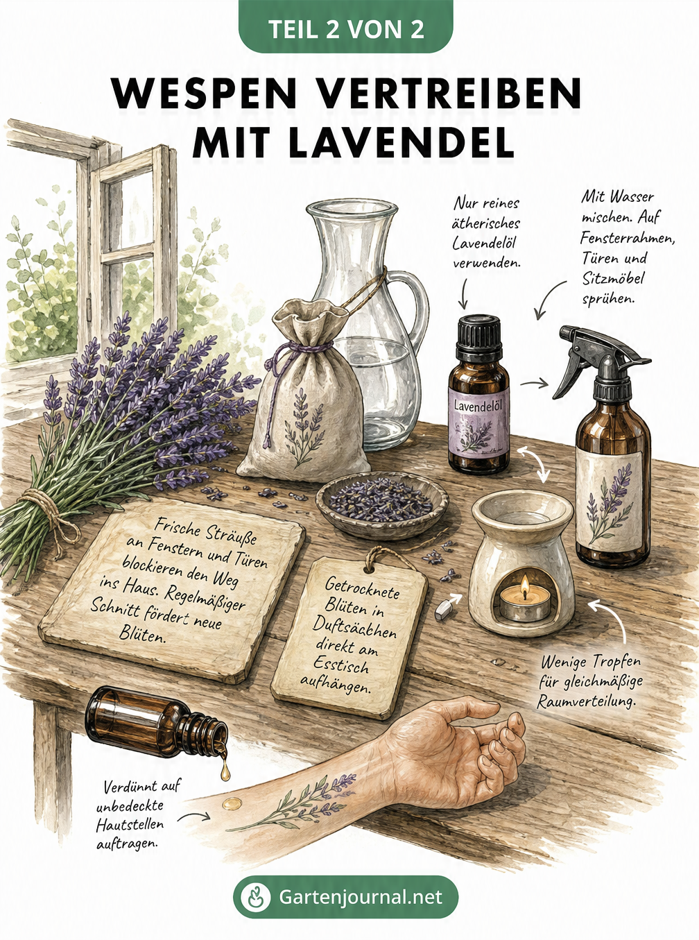 Illustration von Lavendelsträußen, Duftsäckchen und Lavendelöl auf einem Holztisch